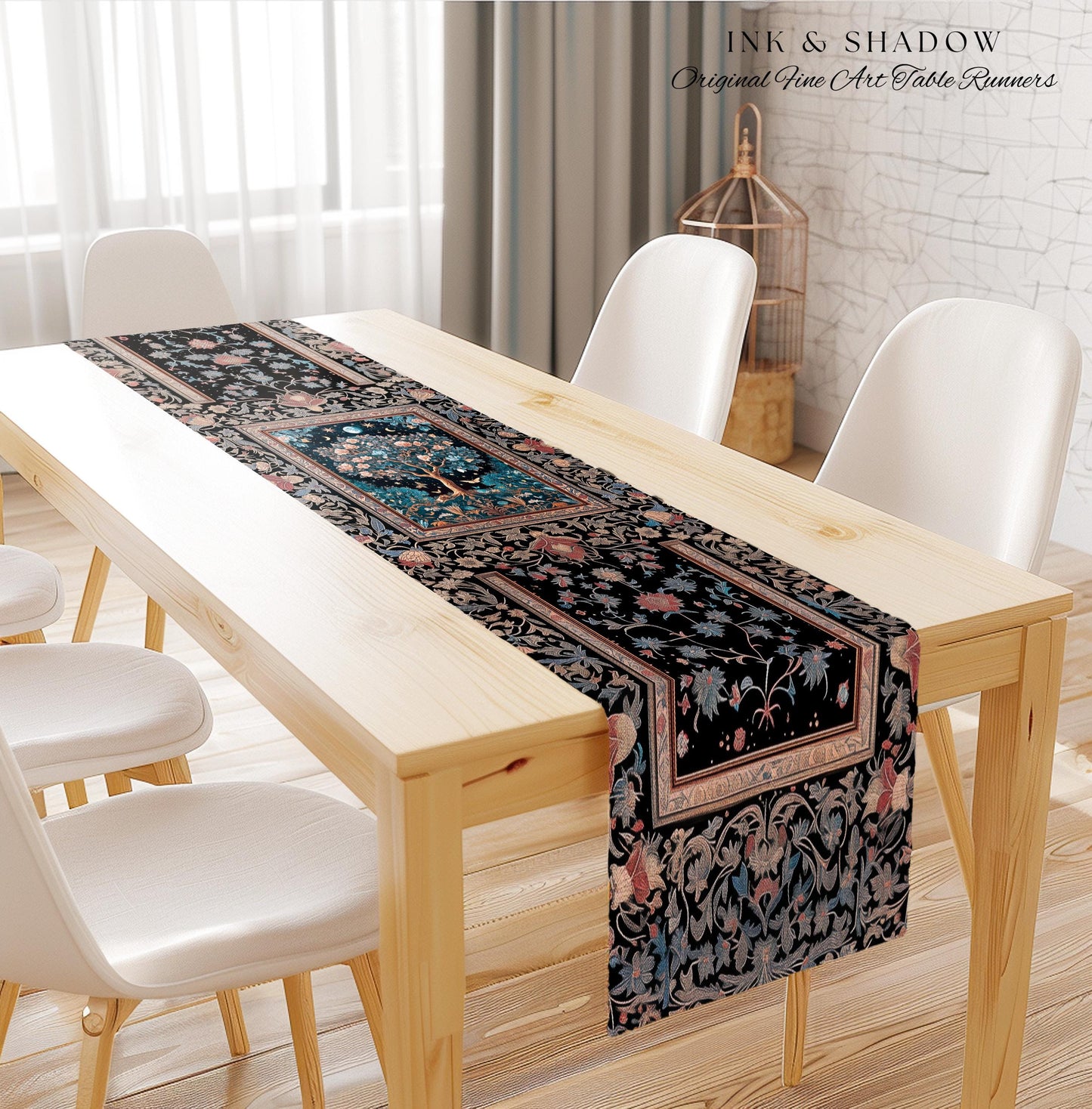 Enchanted Moonlit Tree of Life Table Runner | Romantic Forest Aesthetic Home Decor Vintage Boho Style Housewarming Gift Cozy Dining Room Art