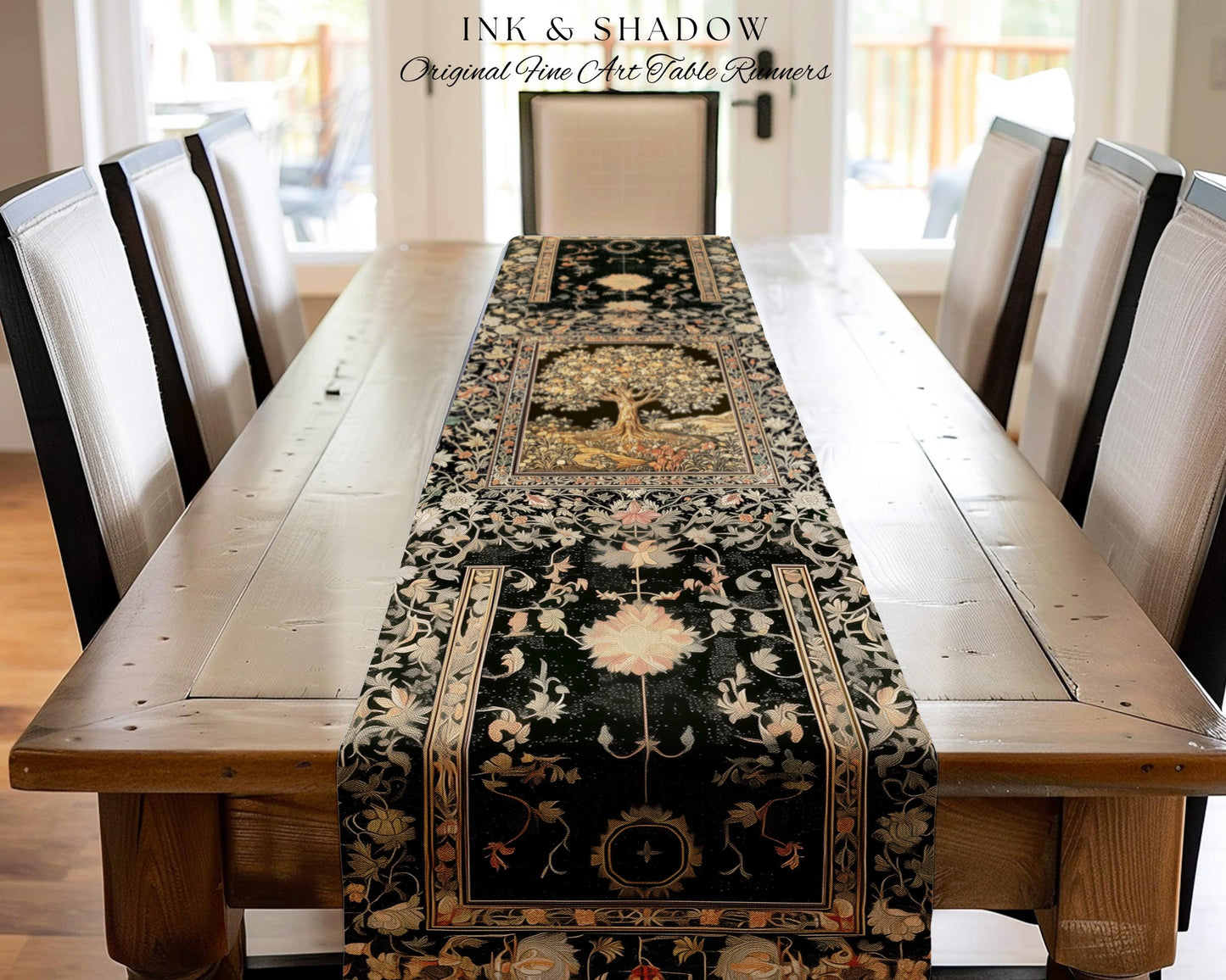 Muted Tones Eclectic Tree of Life Table Runner | Rustic Bohemian Aesthetic Decor Nature Inspired Dining Room Enchanted Cottagecore Fairycore
