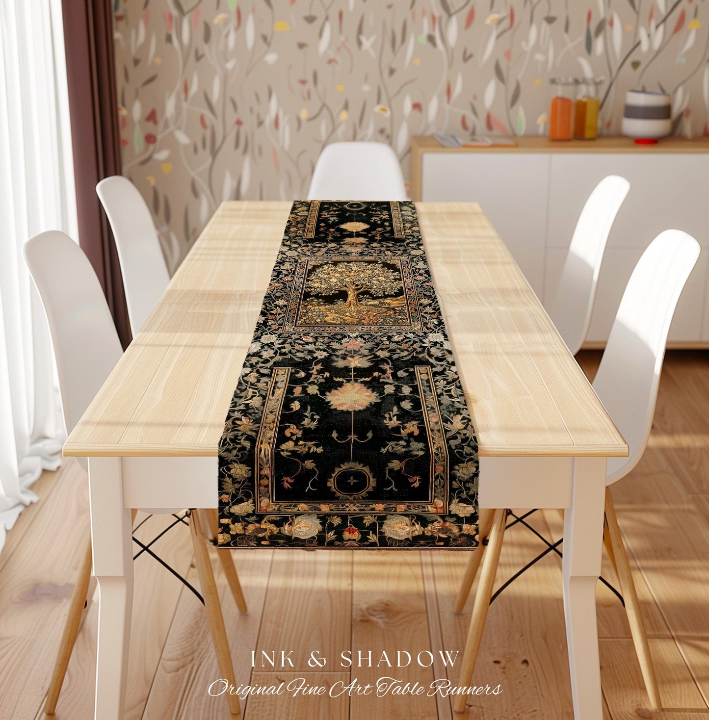 Muted Tones Eclectic Tree of Life Table Runner | Rustic Bohemian Aesthetic Decor Nature Inspired Dining Room Enchanted Cottagecore Fairycore