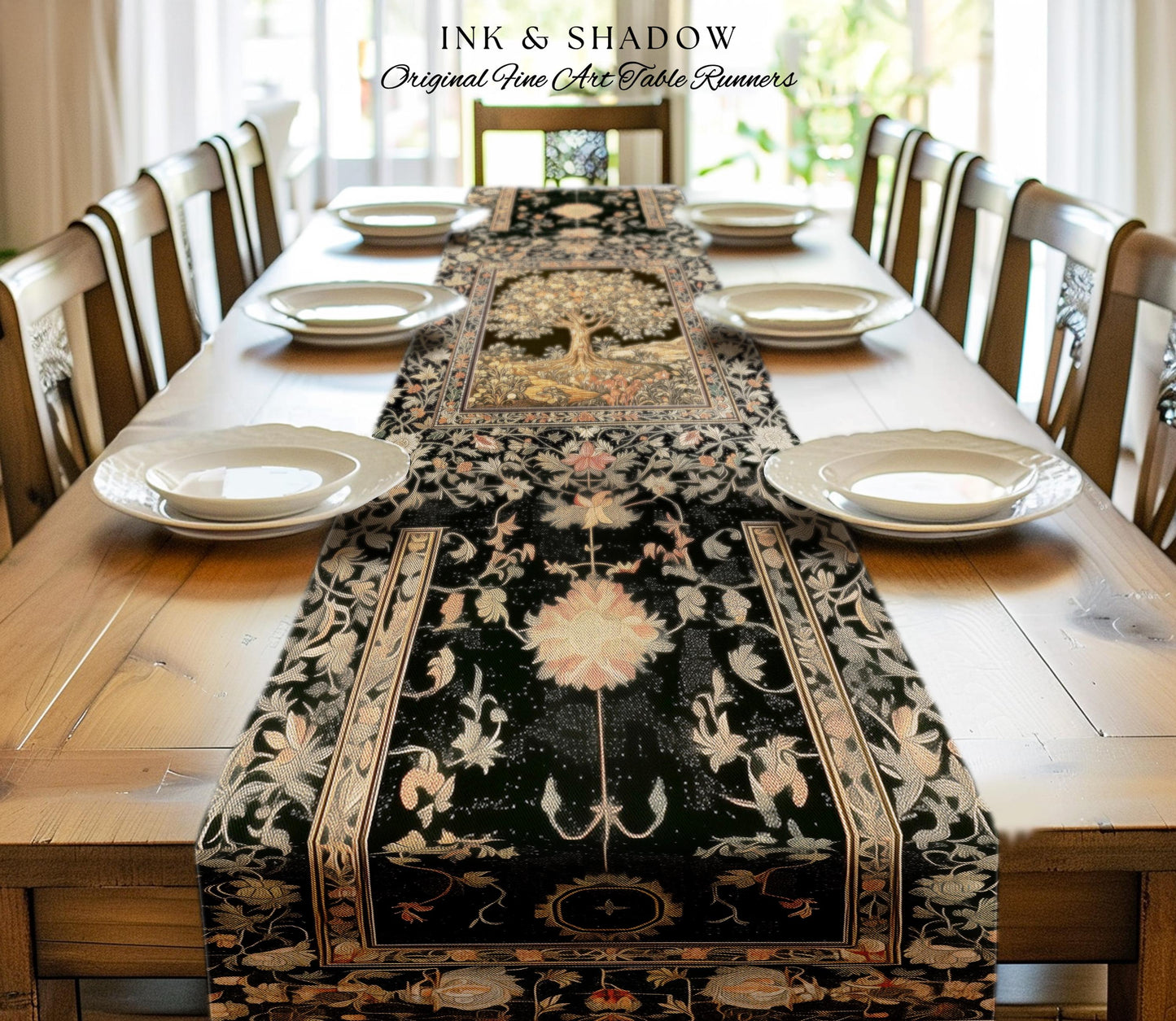 Muted Tones Eclectic Tree of Life Table Runner | Rustic Bohemian Aesthetic Decor Nature Inspired Dining Room Enchanted Cottagecore Fairycore