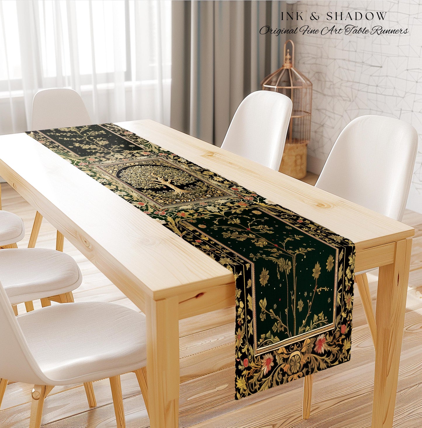 Tree of Life Fairytale Inspired Table Runner | Celestial Folk Art Decor Cottagecore Folklore Style Aesthetic Housewarming Gift Dining Room |
