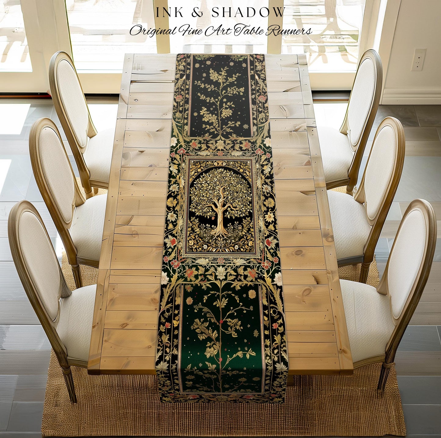 Tree of Life Fairytale Inspired Table Runner | Celestial Folk Art Decor Cottagecore Folklore Style Aesthetic Housewarming Gift Dining Room |