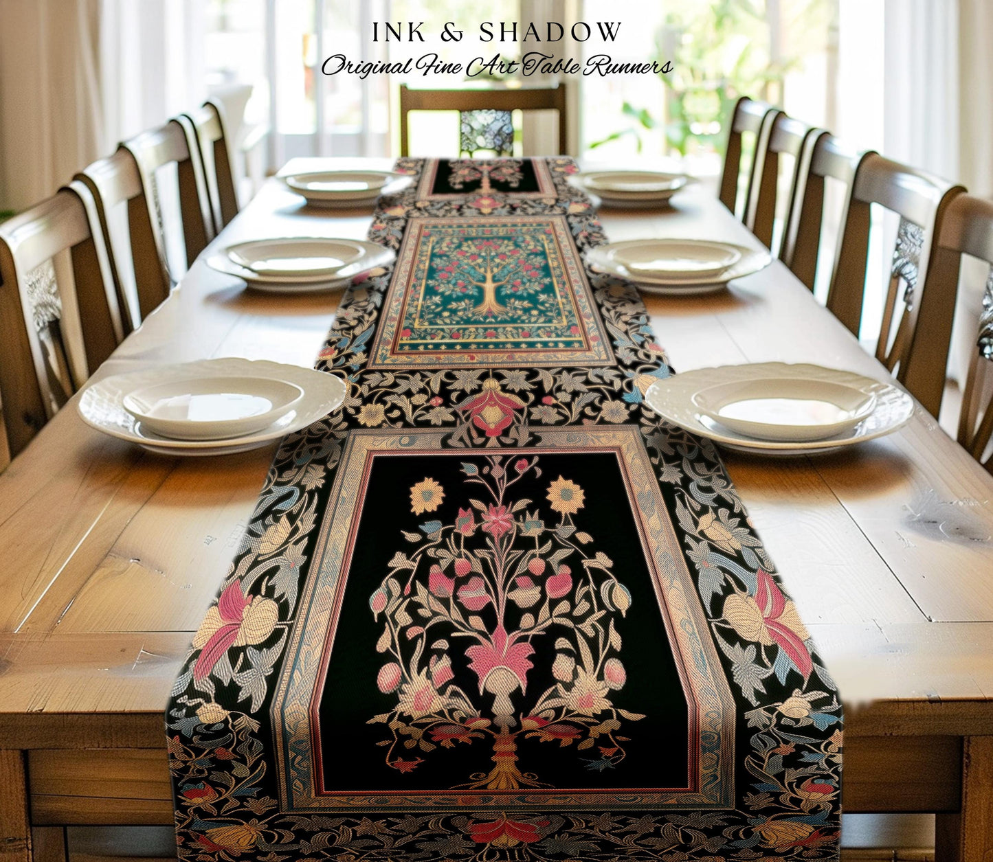 Blooming Roses Romantic Rococo Table Runner | Vintage Botanical Accent Ornate Border Victorian Folk Art Medieval Maximalist Dining Room Art