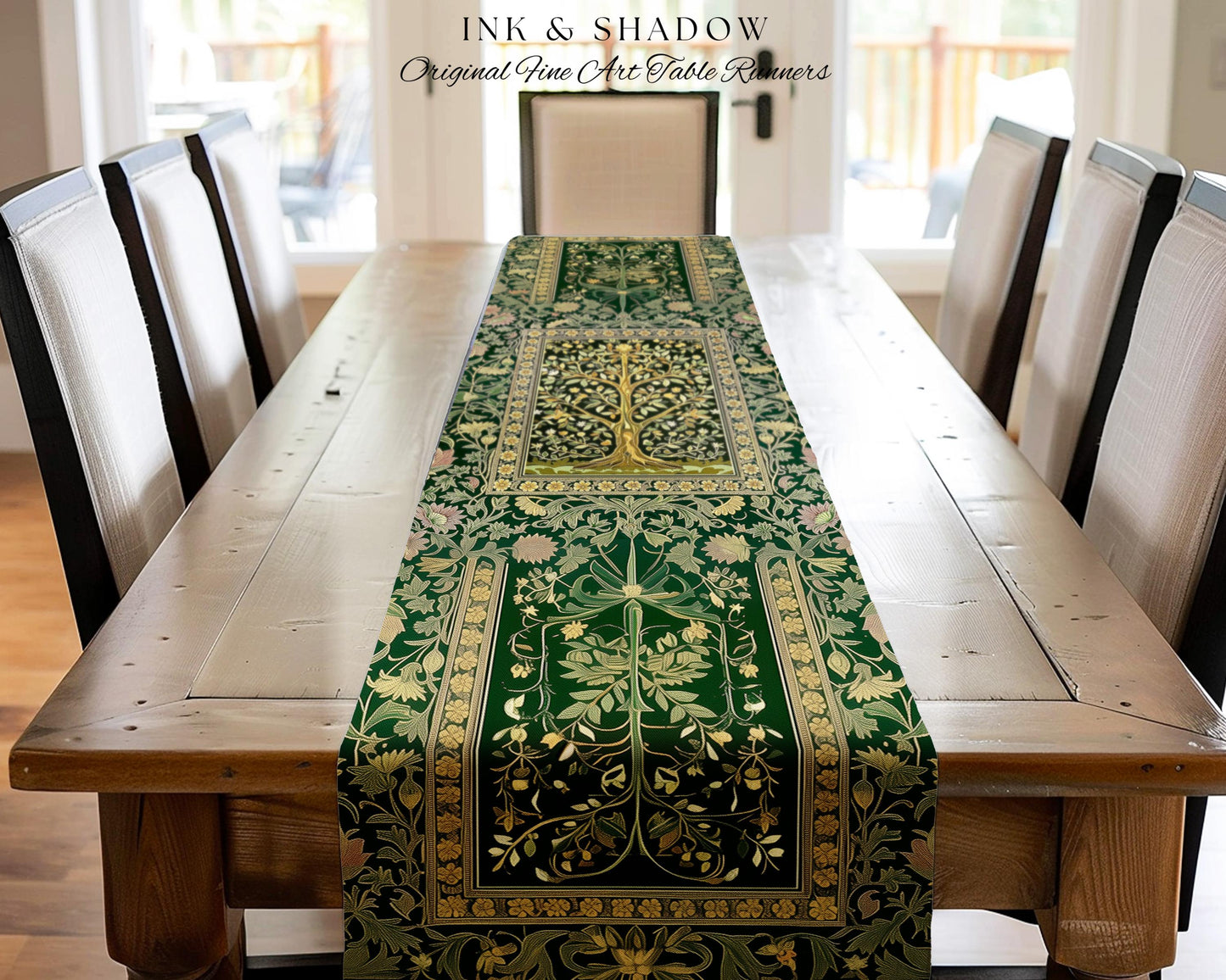 Golden Aesthetic Tree of Life Table Runner | Emerald Botanical Decor Romantic Folklore Gothic Vintage Floral Maximalist Dining Room Accent |