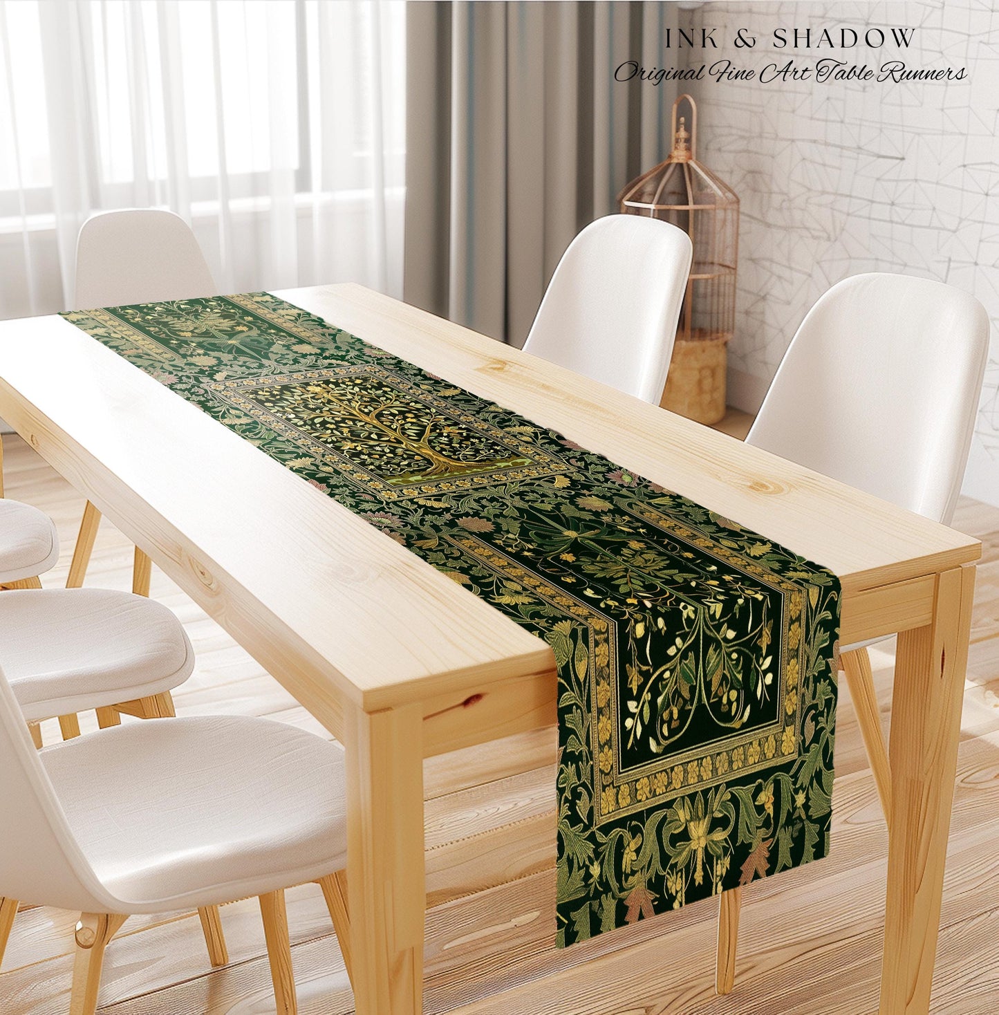 Golden Aesthetic Tree of Life Table Runner | Emerald Botanical Decor Romantic Folklore Gothic Vintage Floral Maximalist Dining Room Accent |