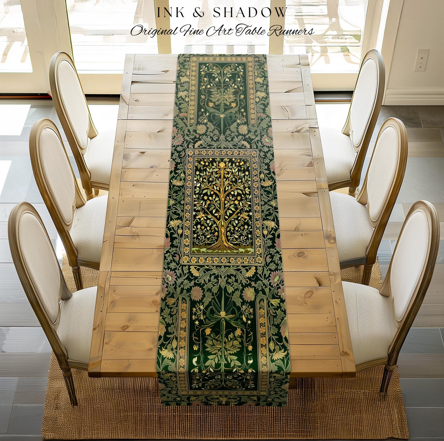 Golden Aesthetic Tree of Life Table Runner | Emerald Botanical Decor Romantic Folklore Gothic Vintage Floral Maximalist Dining Room Accent |