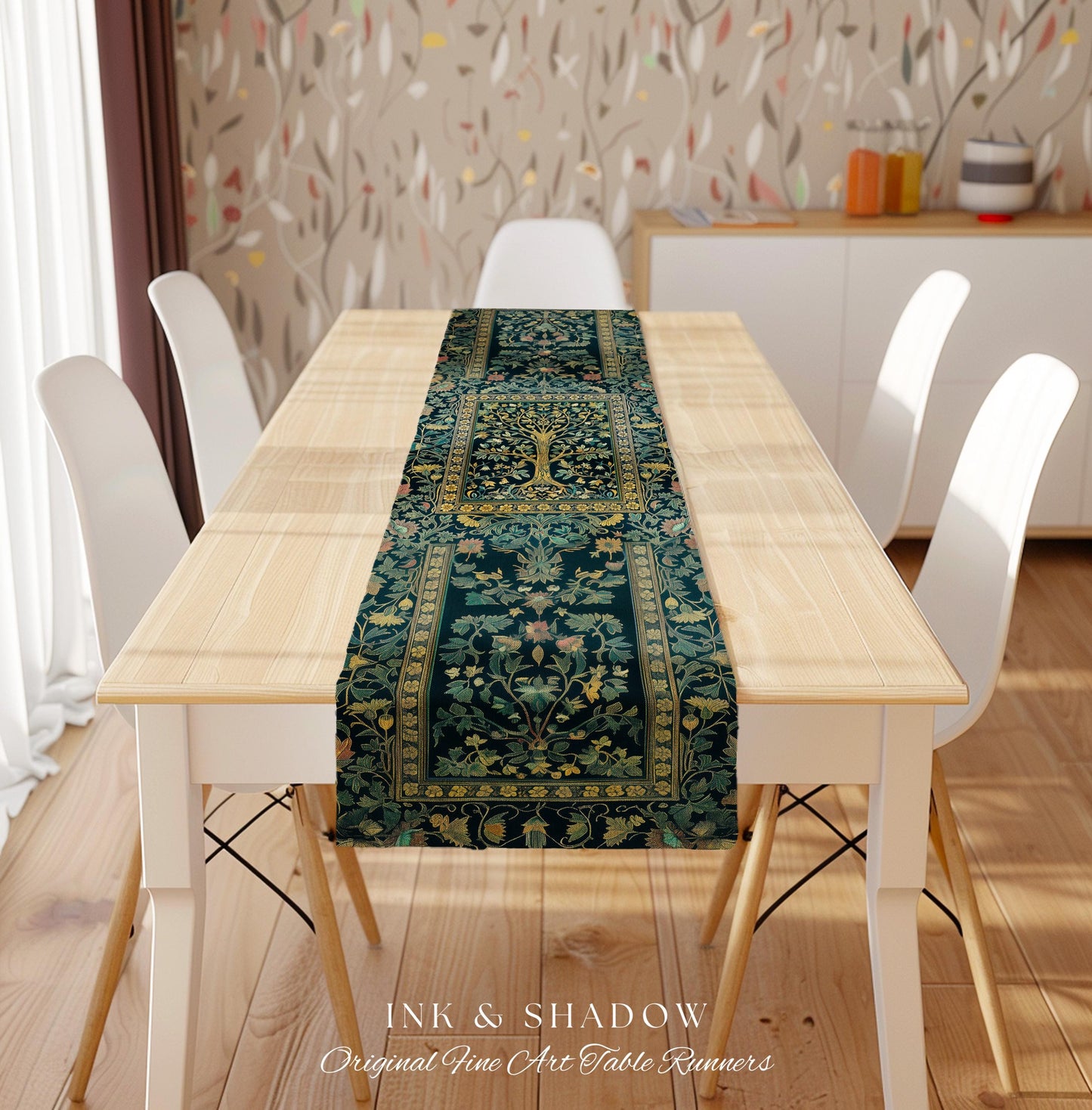 Elegant Cool Toned Tree Table Runner | Enchanted Bohemian Decor Ornate Botanical Accent Romantic Maximalist Gothic Style Dining Room Boho |