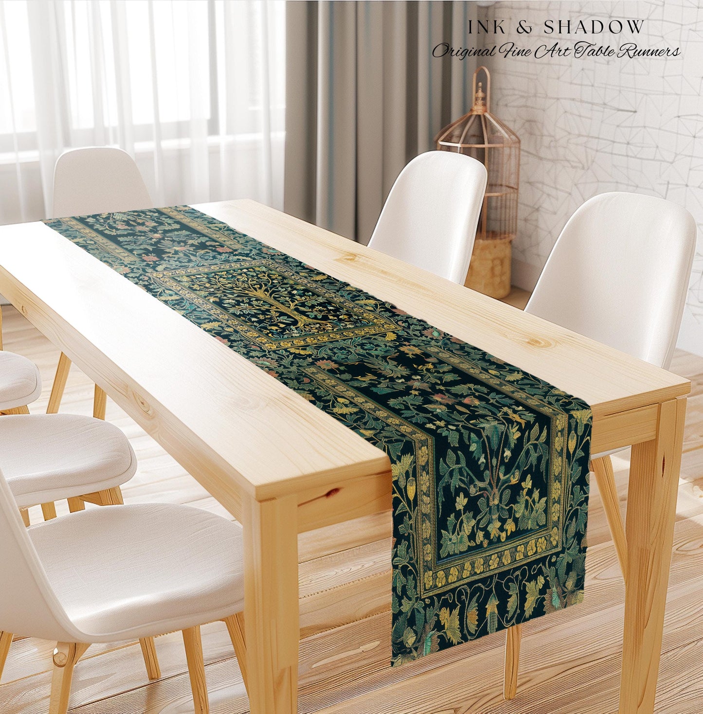 Elegant Cool Toned Tree Table Runner | Enchanted Bohemian Decor Ornate Botanical Accent Romantic Maximalist Gothic Style Dining Room Boho |