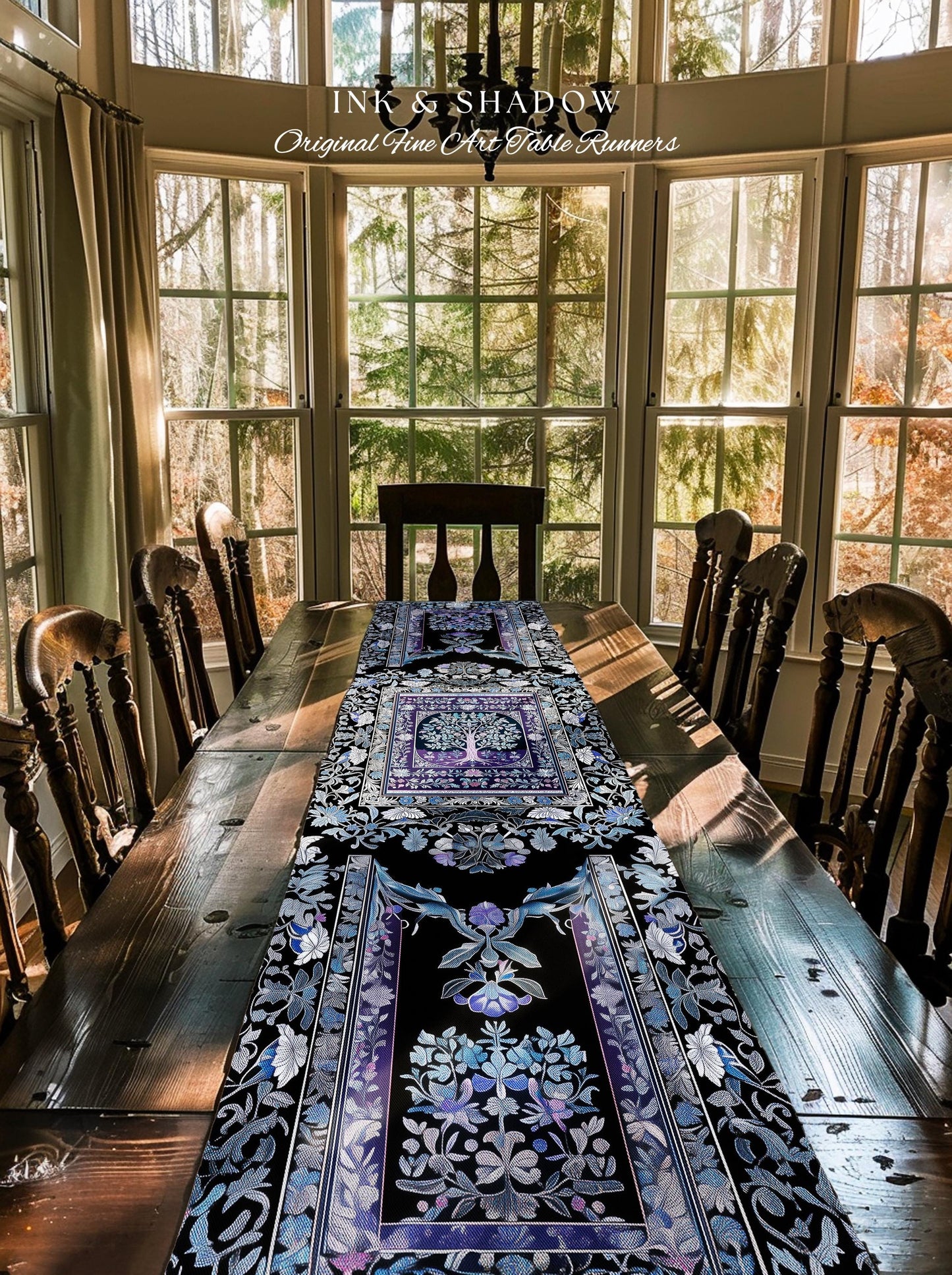 Icy Blue Pastel Gothic Tree Table Runner | Dark Academia Home Accent Romantic Botanical Vintage Floral Maximalist Cottagecore Decor Gothic