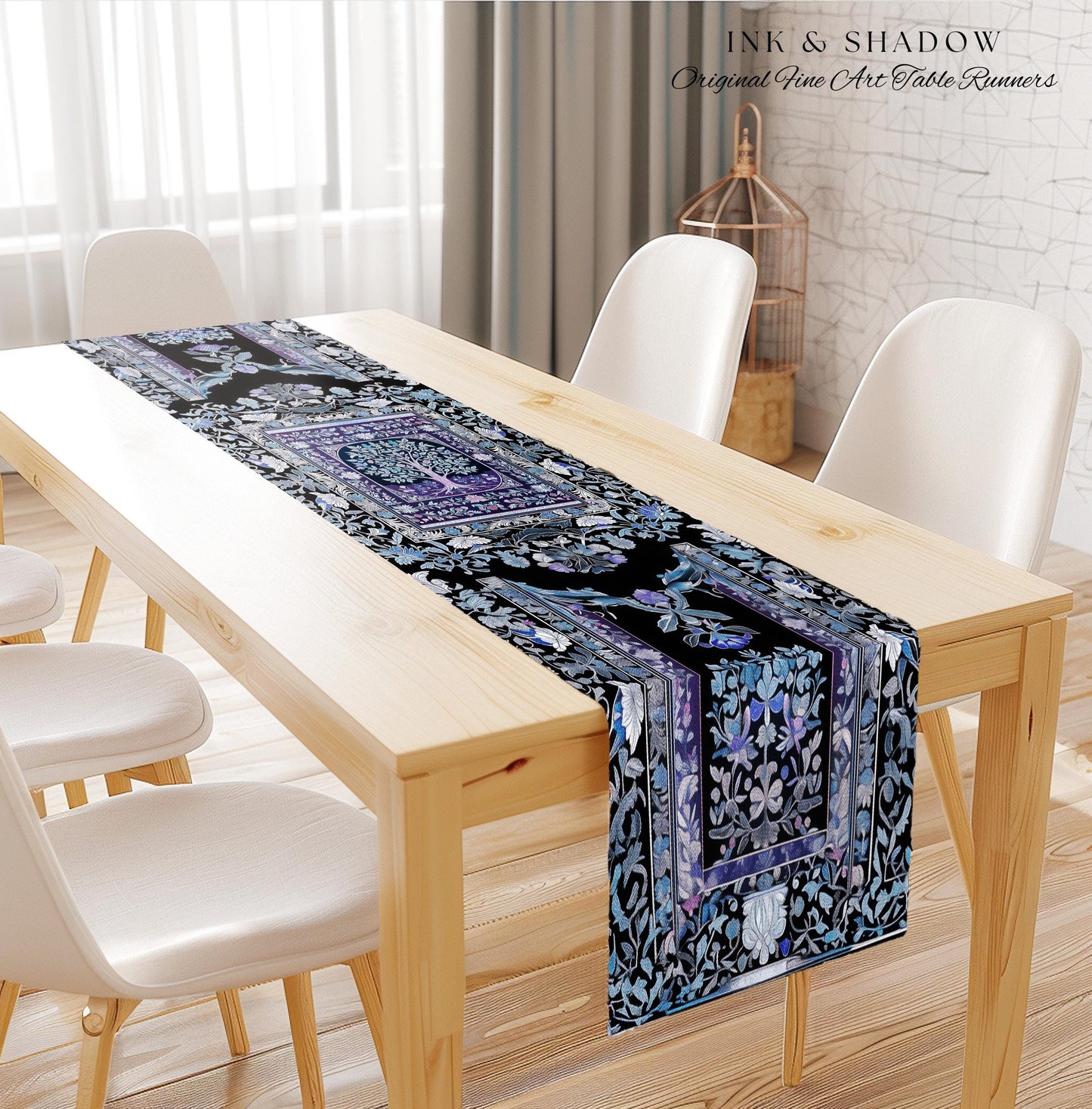 Icy Blue Pastel Gothic Tree Table Runner | Dark Academia Home Accent Romantic Botanical Vintage Floral Maximalist Cottagecore Decor Gothic