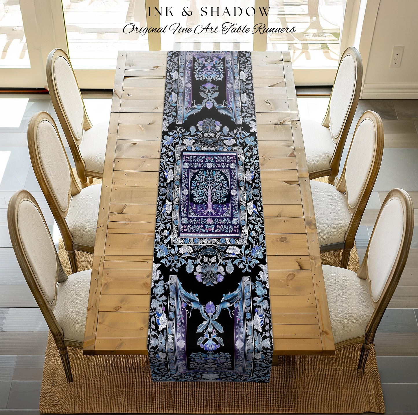 Icy Blue Pastel Gothic Tree Table Runner | Dark Academia Home Accent Romantic Botanical Vintage Floral Maximalist Cottagecore Decor Gothic