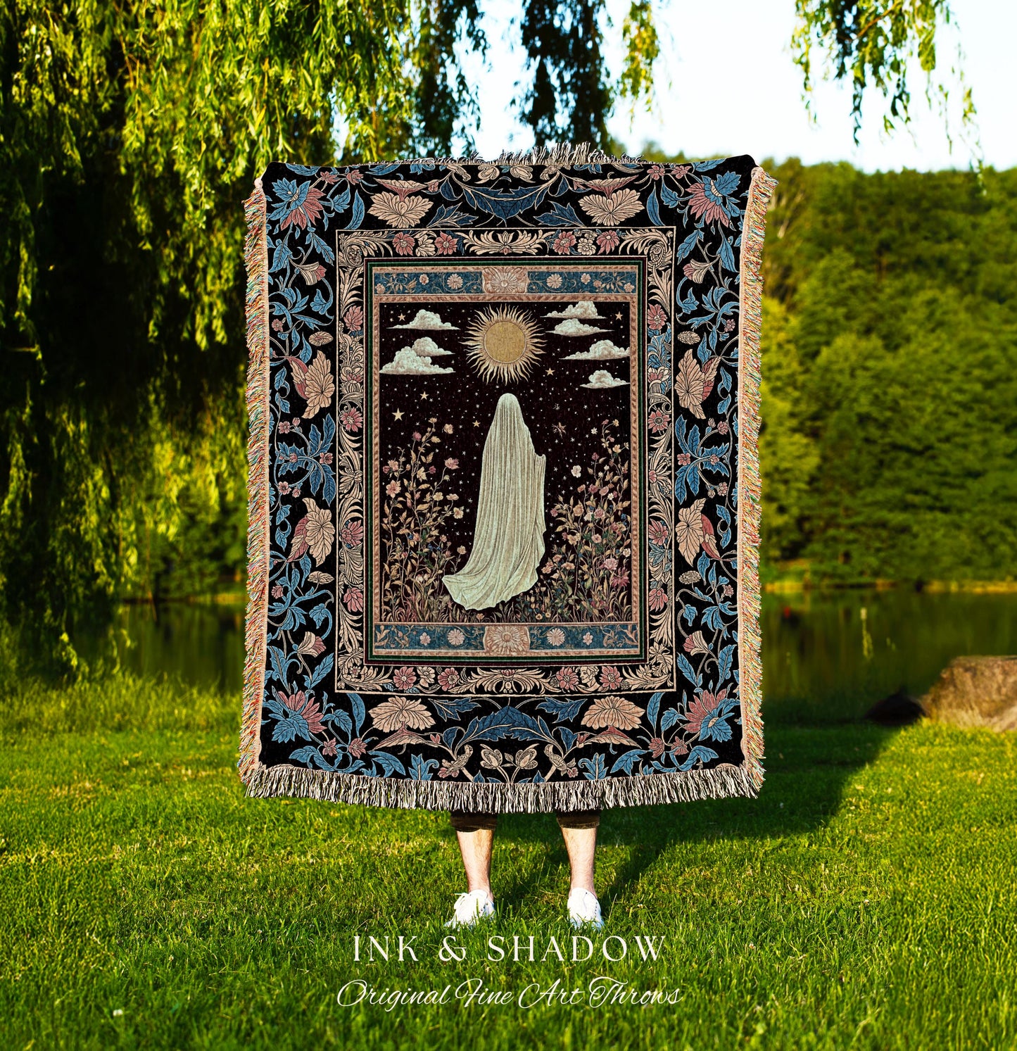 Gothic Sunlit Ghost Throw Blanket | Whimsigothic Cottagecore Woven Tapestry Decor Halloween Spirit Floral Mysticism Witchy Bedroom Accent |