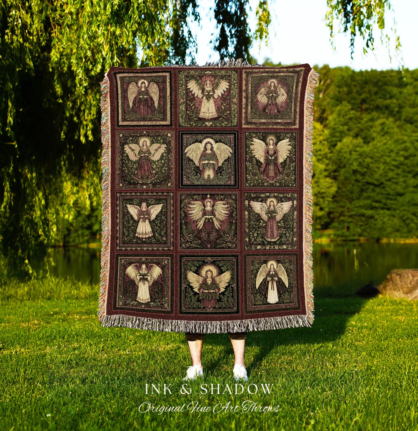 Rustic Angels Eclectic Woven Tapestry | Festive Holy Night Throw Blanket Vintage Aesthetic Whimsical Fairies Elegant Celestial Spirits Gift
