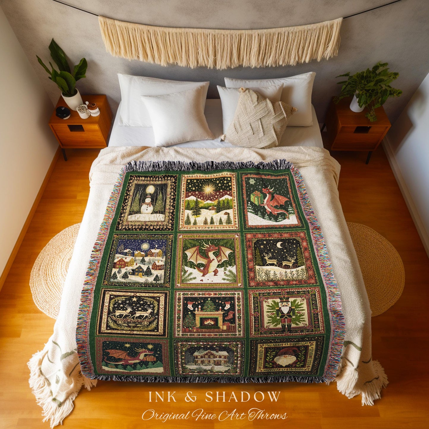 Boho Holiday Dragon Woven Tapestry | Cozy Cottagecore Christmas Throw Blanket Eclectic Whimsy Seasonal Festive Nostalgic Home Decor Accent |