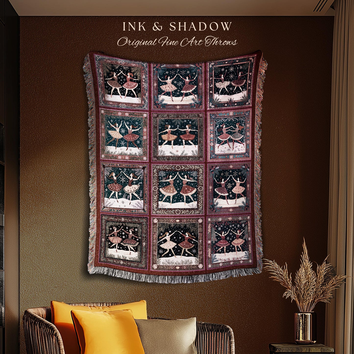 Elegant Nutcracker Ballerinas Blanket | Whimsical Scandinavian Throw Winter Wonderland Ethereal Nordic Tapestry Cozy Warm Hygge Folklore |
