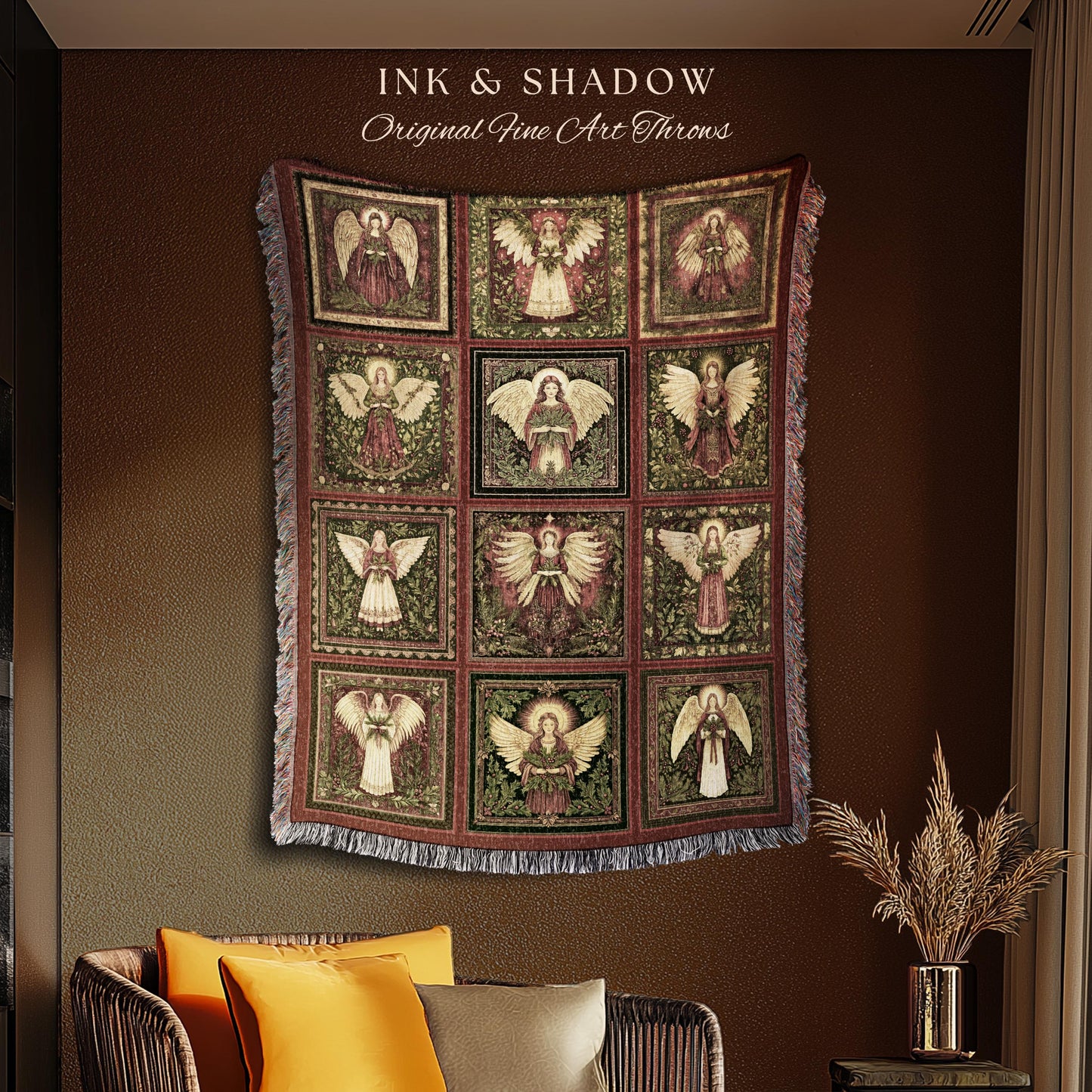 Rustic Angels Eclectic Woven Tapestry | Festive Holy Night Throw Blanket Vintage Aesthetic Whimsical Fairies Elegant Celestial Spirits Gift