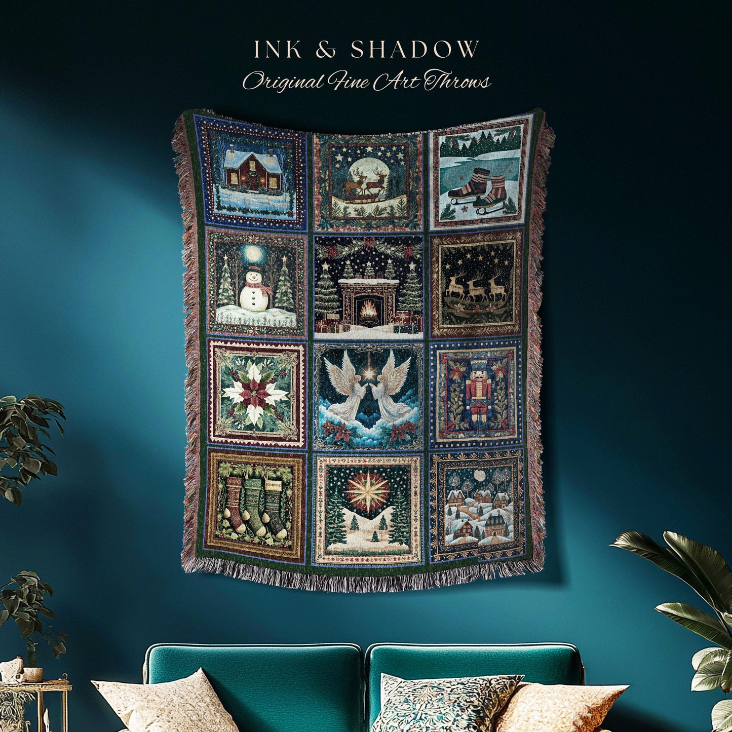 Whimsical Winter Wonderland Festive Holiday Blanket | Storybook Christmas Patchwork Nostalgic Tapestry Woven Throw Cozy Seasonal Home Decor