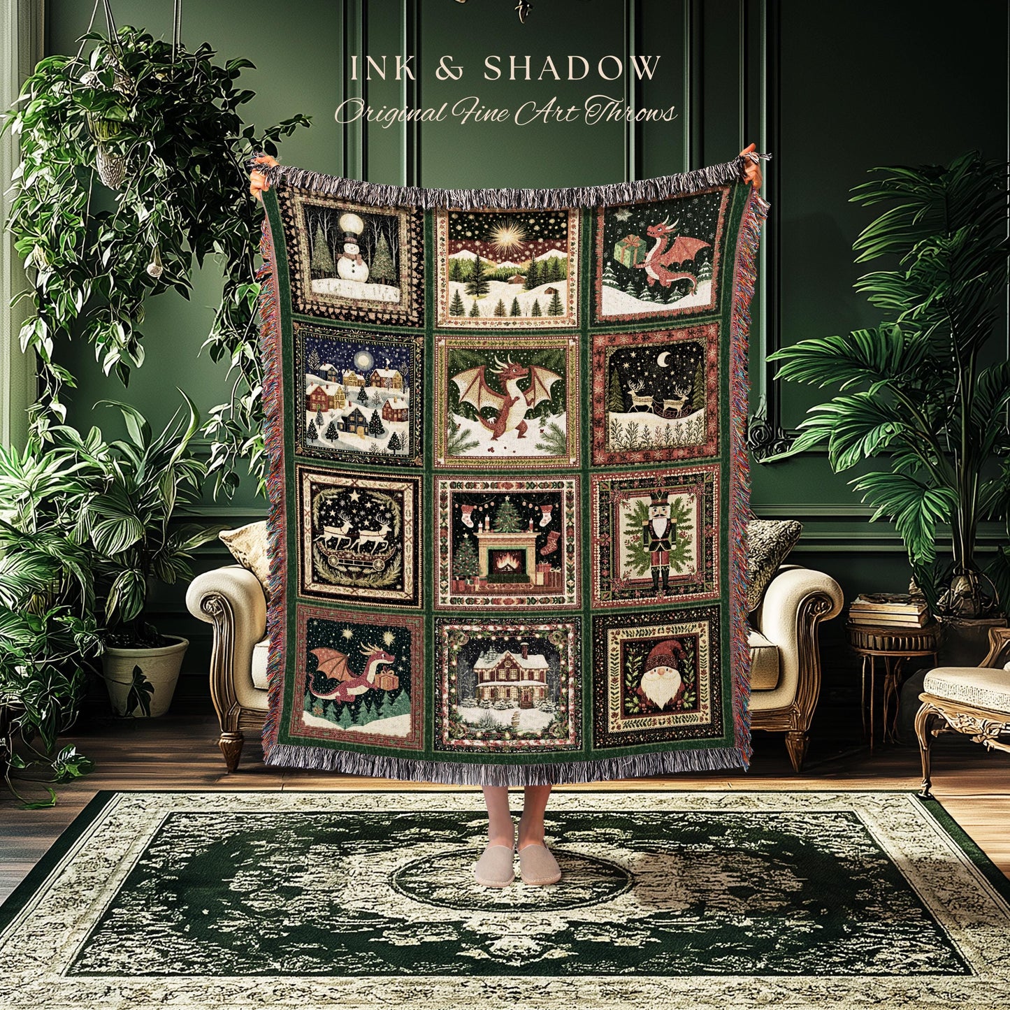 Boho Holiday Dragon Woven Tapestry | Cozy Cottagecore Christmas Throw Blanket Eclectic Whimsy Seasonal Festive Nostalgic Home Decor Accent |