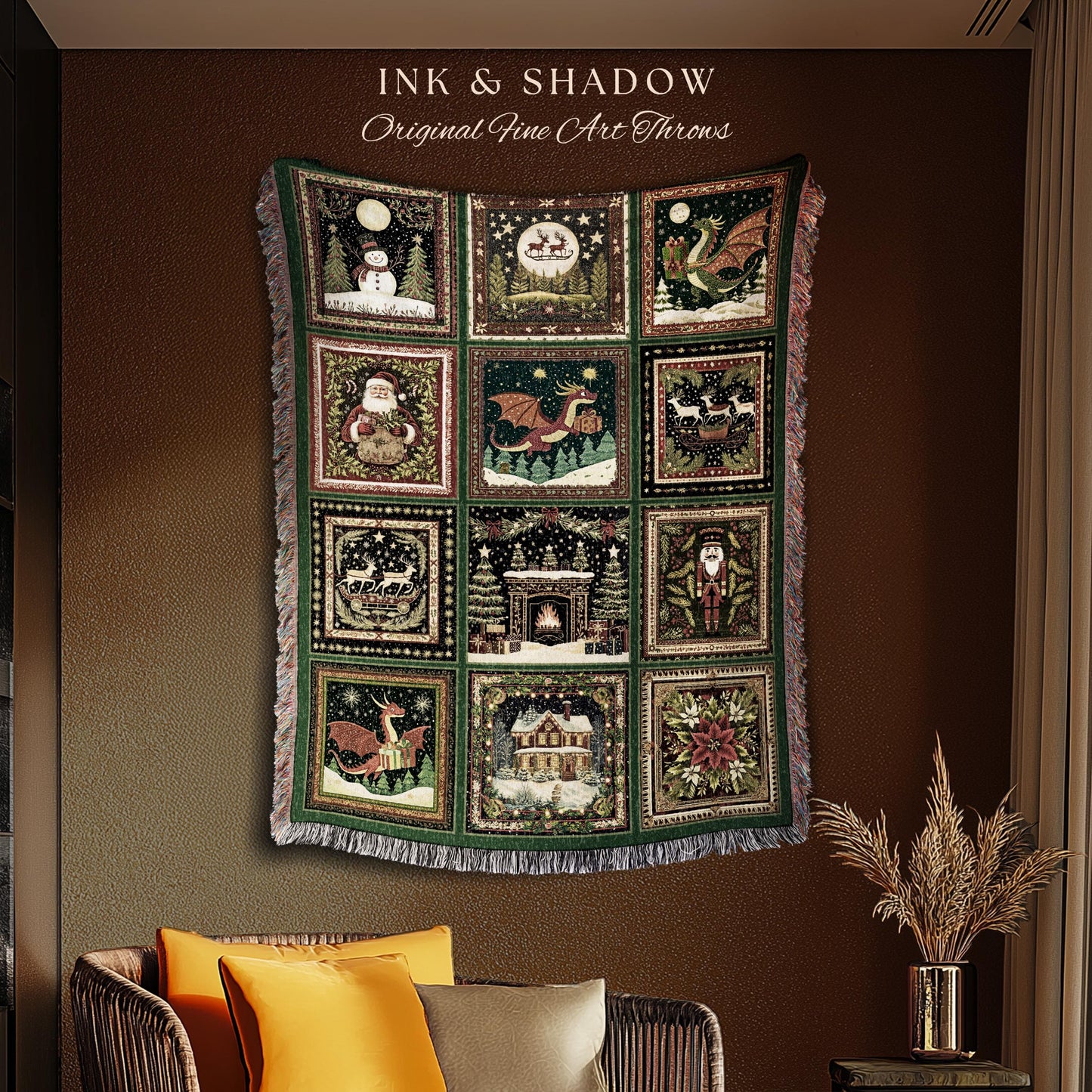 Jolly Dragon Woven Festive Blanket | Cottagecore Holiday Nostalgic Cozy Whimsical Seasonal Christmas Eclectic Reindeer Woven Tapestry Throw
