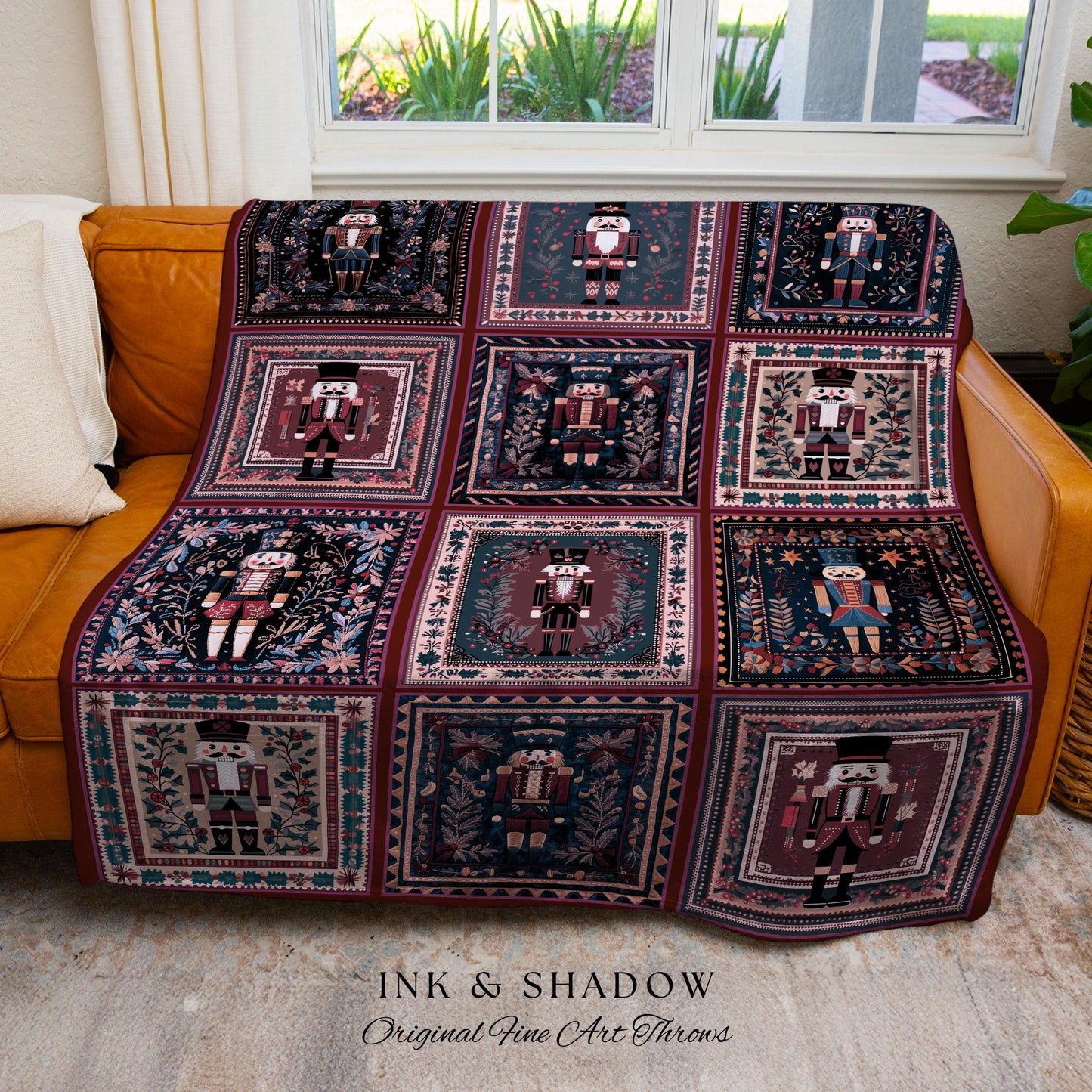Patchwork Nutcracker Festive Blanket | Retro Winter Home Decor Cottagecore Purple Accent Cottagecore Aesthetic Hygge Boho Cozy Whimsical |