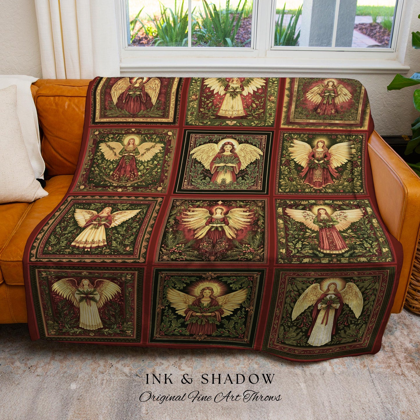 Rustic Angels Eclectic Woven Tapestry | Festive Holy Night Throw Blanket Vintage Aesthetic Whimsical Fairies Elegant Celestial Spirits Gift