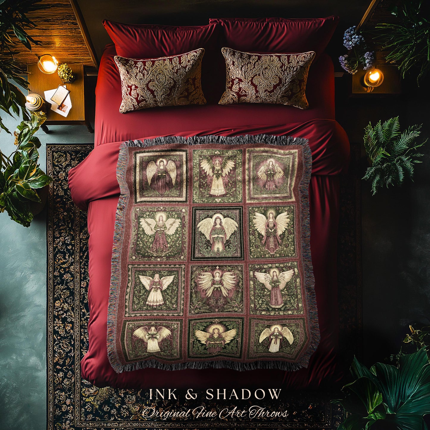 Rustic Angels Eclectic Woven Tapestry | Festive Holy Night Throw Blanket Vintage Aesthetic Whimsical Fairies Elegant Celestial Spirits Gift