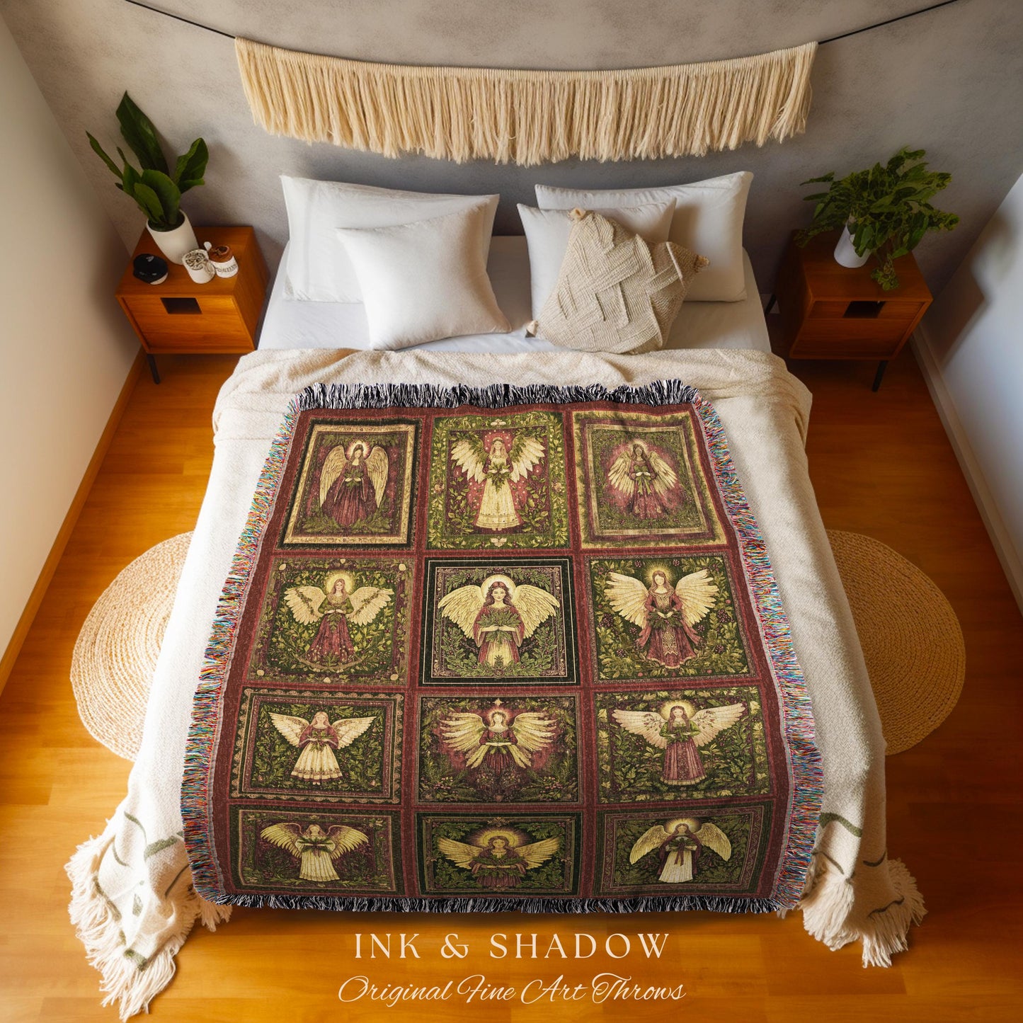 Rustic Angels Eclectic Woven Tapestry | Festive Holy Night Throw Blanket Vintage Aesthetic Whimsical Fairies Elegant Celestial Spirits Gift
