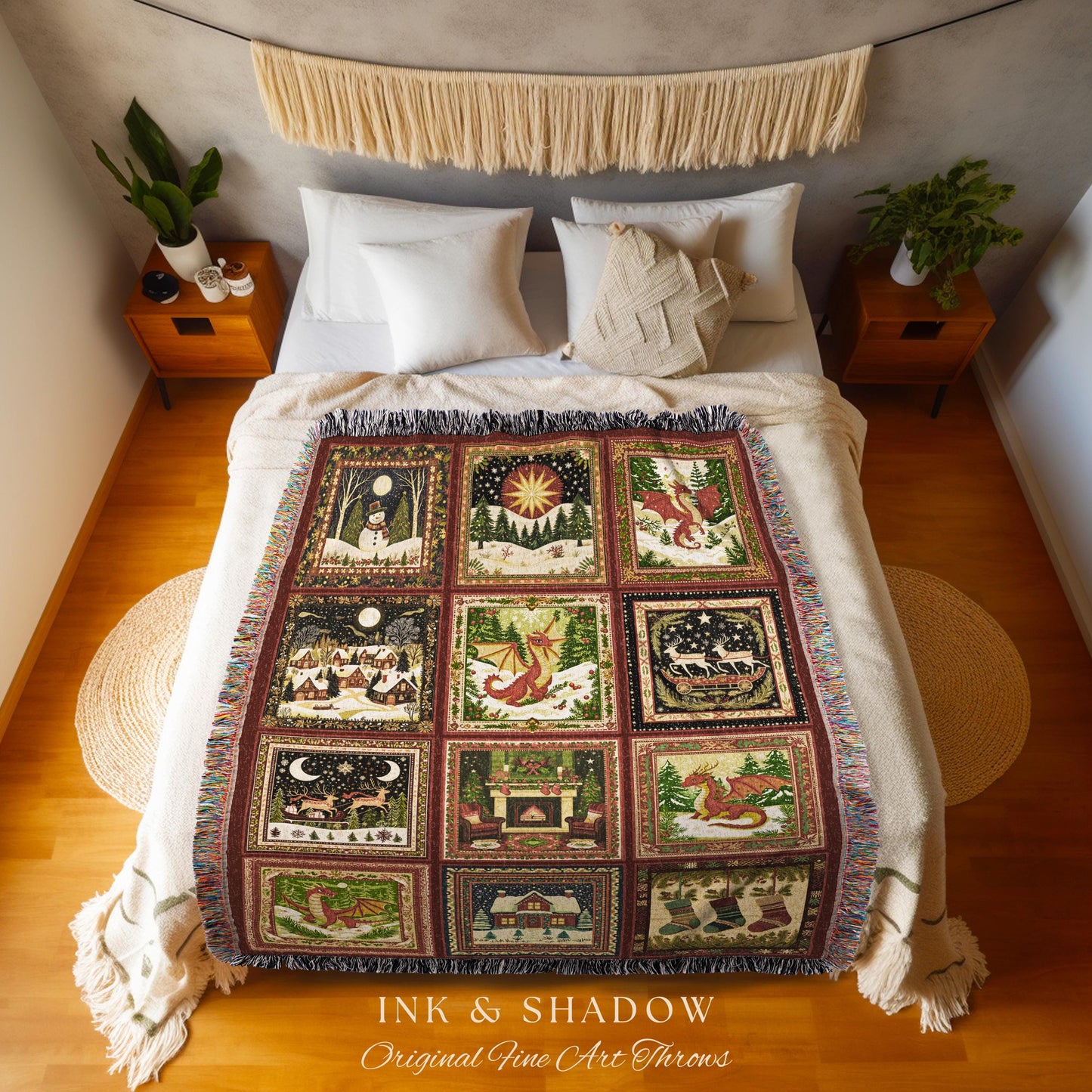 Enchanted Festive Dragon Blanket | Cozy Holiday Cottagecore Decor Boho Whimsical Reindeer Woven Tapestry Nostalgic Seasonal Home Accent |
