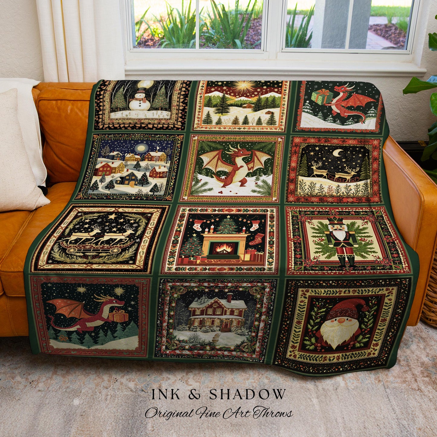 Boho Holiday Dragon Woven Tapestry | Cozy Cottagecore Christmas Throw Blanket Eclectic Whimsy Seasonal Festive Nostalgic Home Decor Accent |