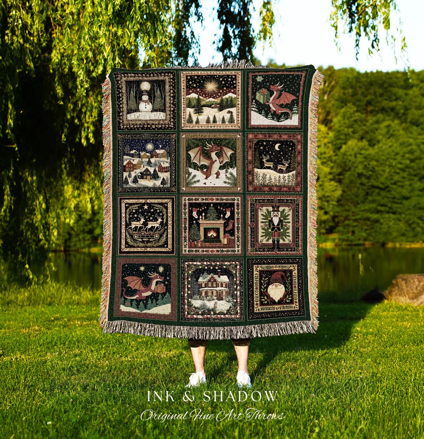 Boho Holiday Dragon Woven Tapestry | Cozy Cottagecore Christmas Throw Blanket Eclectic Whimsy Seasonal Festive Nostalgic Home Decor Accent |