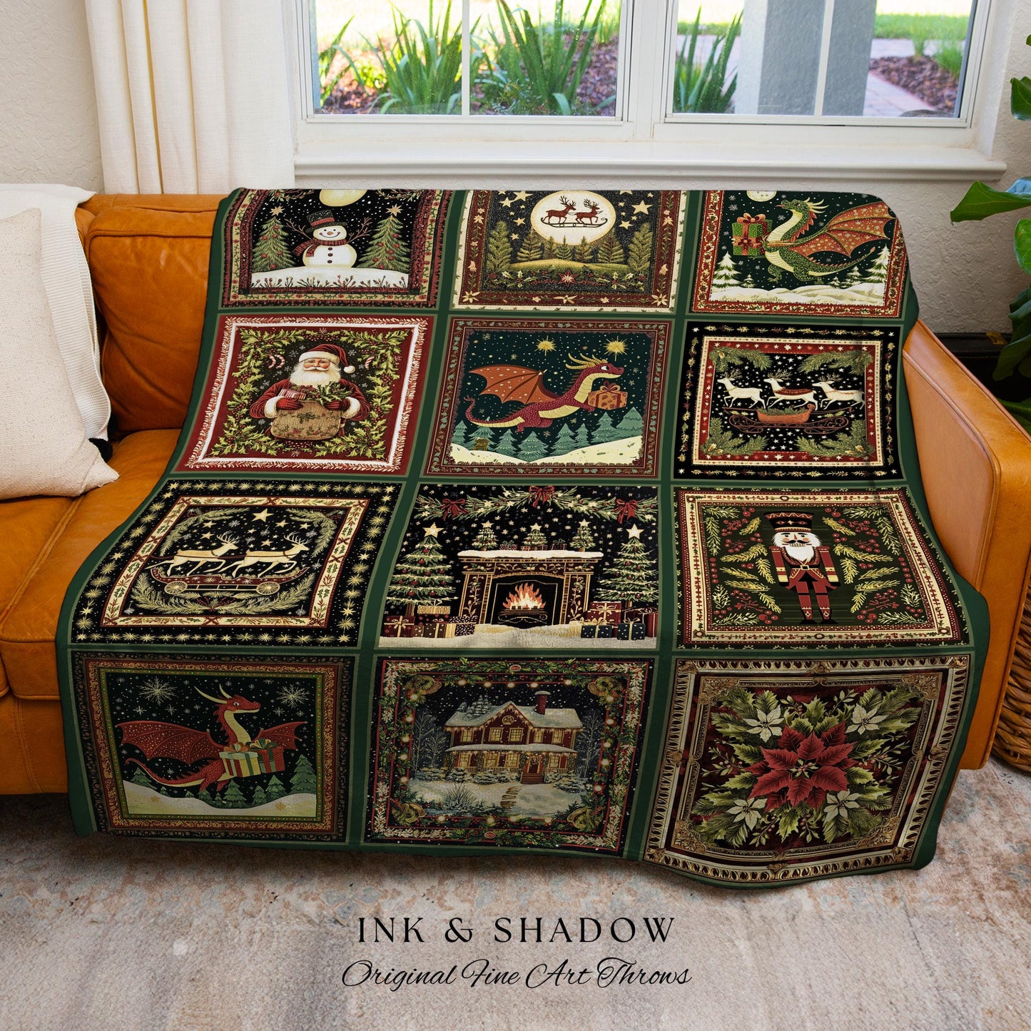 Jolly Dragon Woven Festive Blanket | Cottagecore Holiday Nostalgic Cozy Whimsical Seasonal Christmas Eclectic Reindeer Woven Tapestry Throw