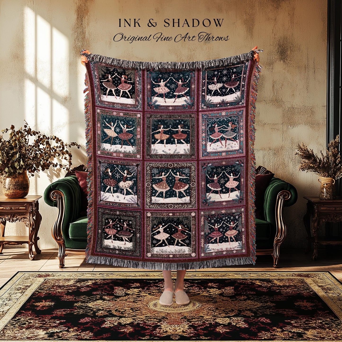 Elegant Nutcracker Ballerinas Blanket | Whimsical Scandinavian Throw Winter Wonderland Ethereal Nordic Tapestry Cozy Warm Hygge Folklore |