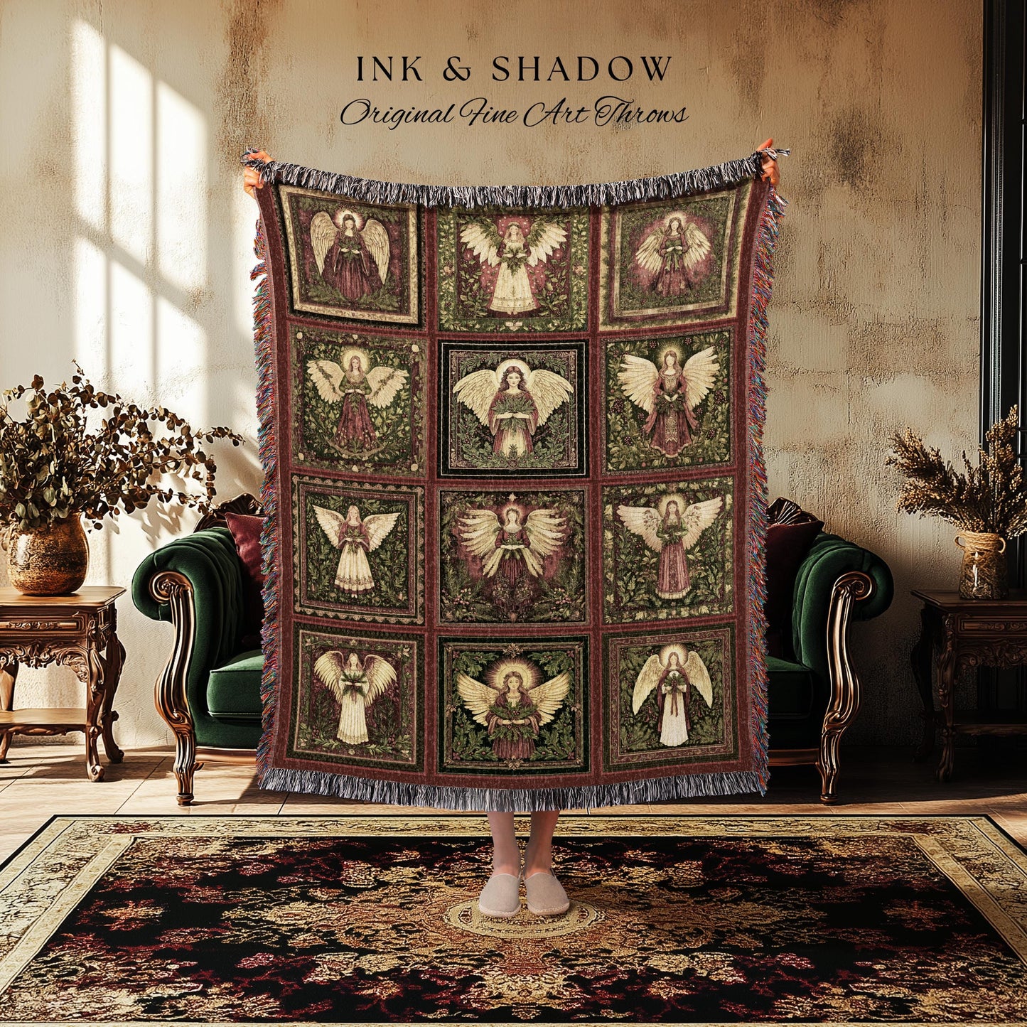 Rustic Angels Eclectic Woven Tapestry | Festive Holy Night Throw Blanket Vintage Aesthetic Whimsical Fairies Elegant Celestial Spirits Gift