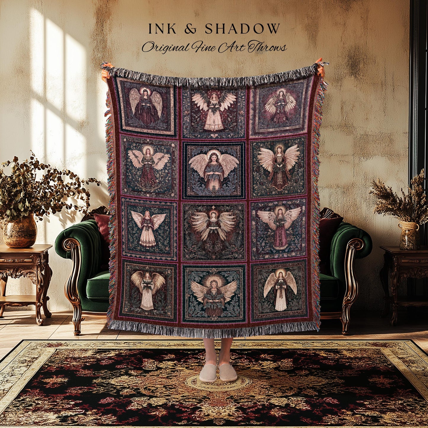 Pastel Angels Celestial Woven Throw | Cute Festive Angelic Aesthetic Holy Spirits Muted Boho Scandinavian Decorative Wall Tapestry Eclectic