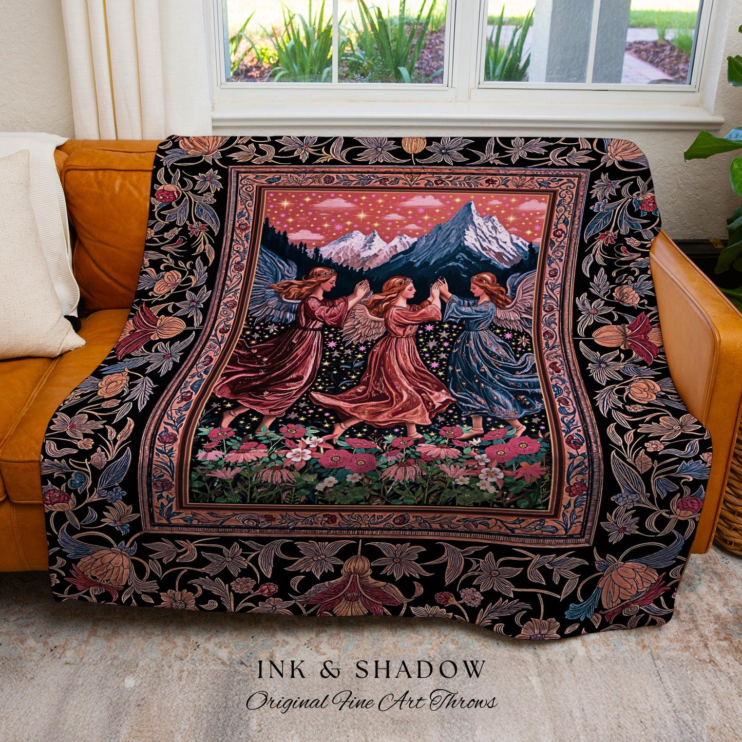 Dancing Angels Boho Woven Tapestry | Medieval Aesthetic Cottagecore Rustic Bohemian Room Decor Ethereal Throw Blanket Whimsical Home Accent