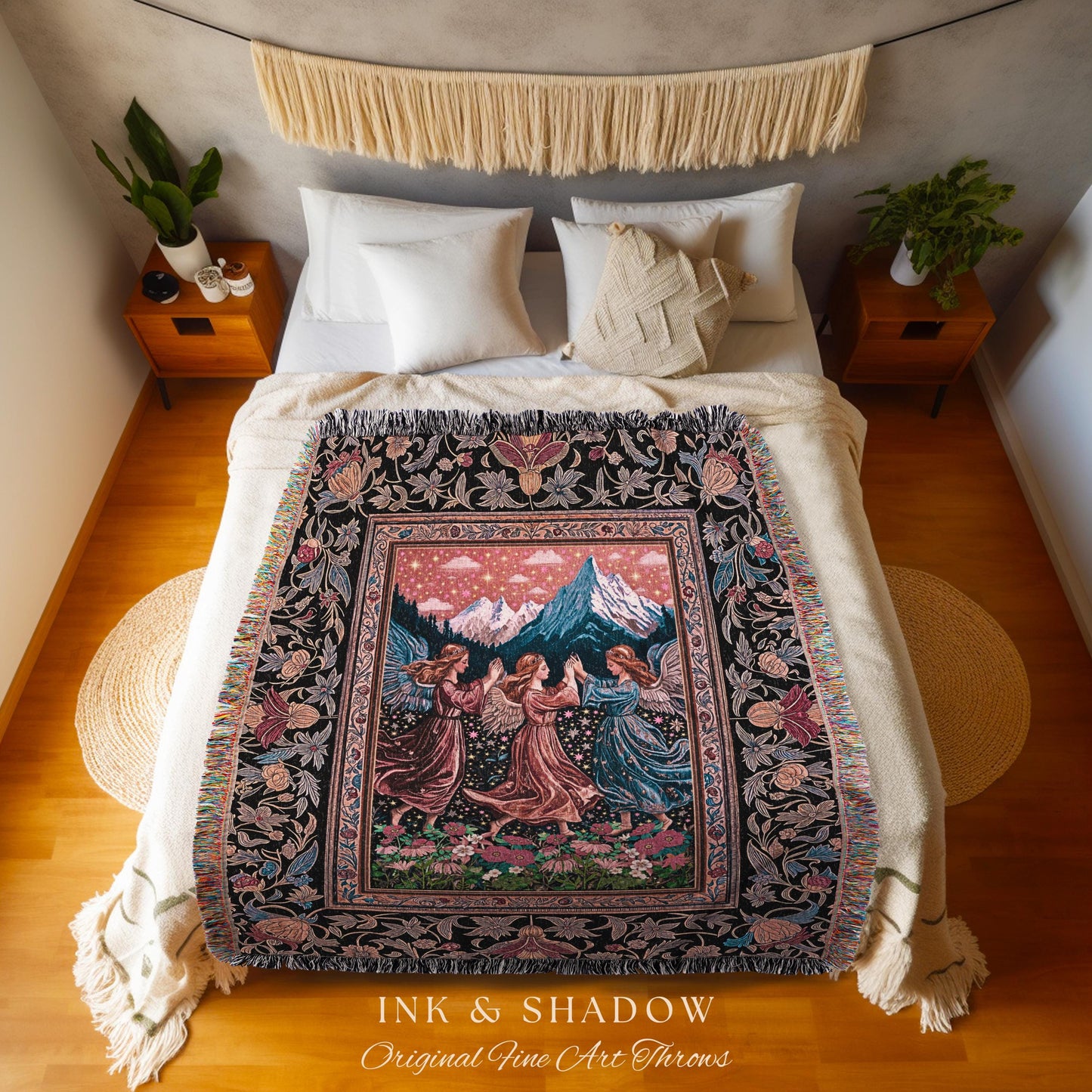 Dancing Angels Boho Woven Tapestry | Medieval Aesthetic Cottagecore Rustic Bohemian Room Decor Ethereal Throw Blanket Whimsical Home Accent