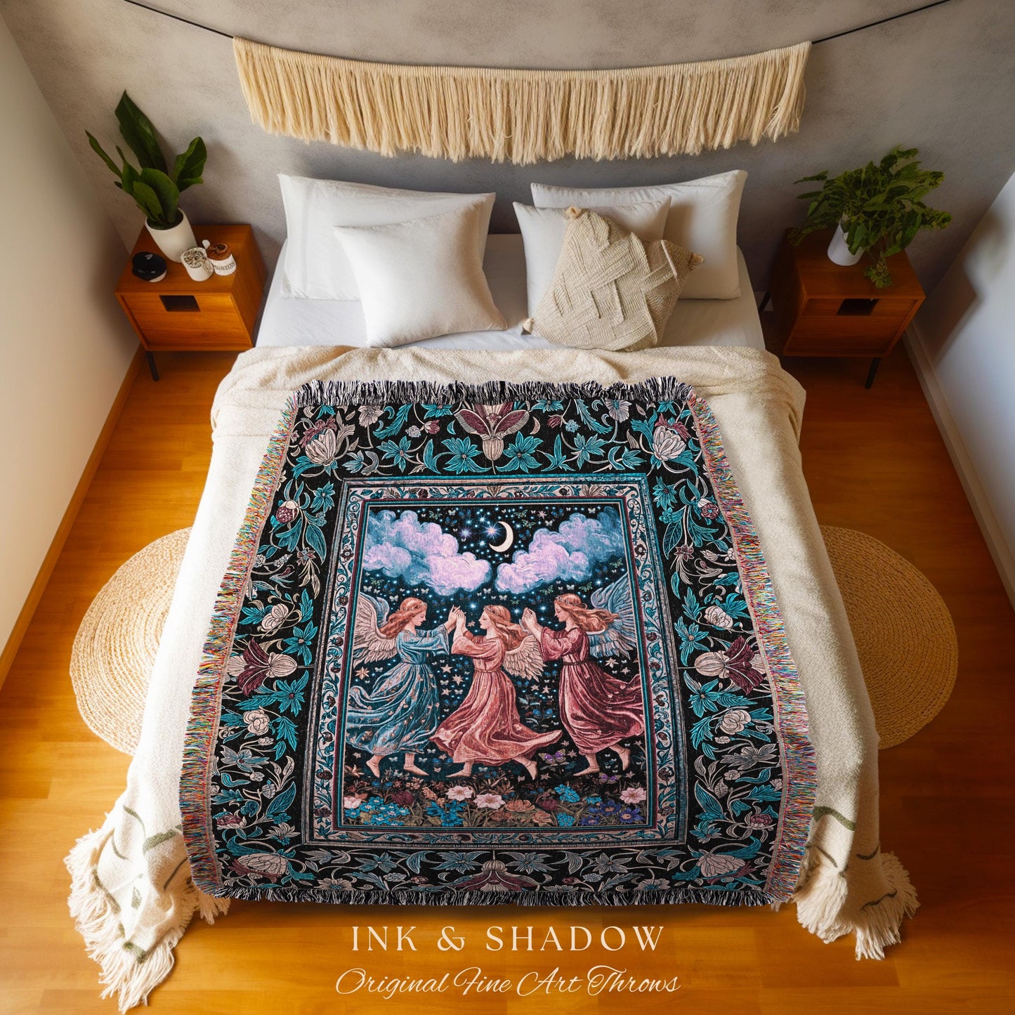 Celestial Angel Fairies Woven Throw | Witchy Fairycore Dreamy Aesthetic Woodland Folklore Wall Tapestry Mystic Cottagecore Fairies Ethereal