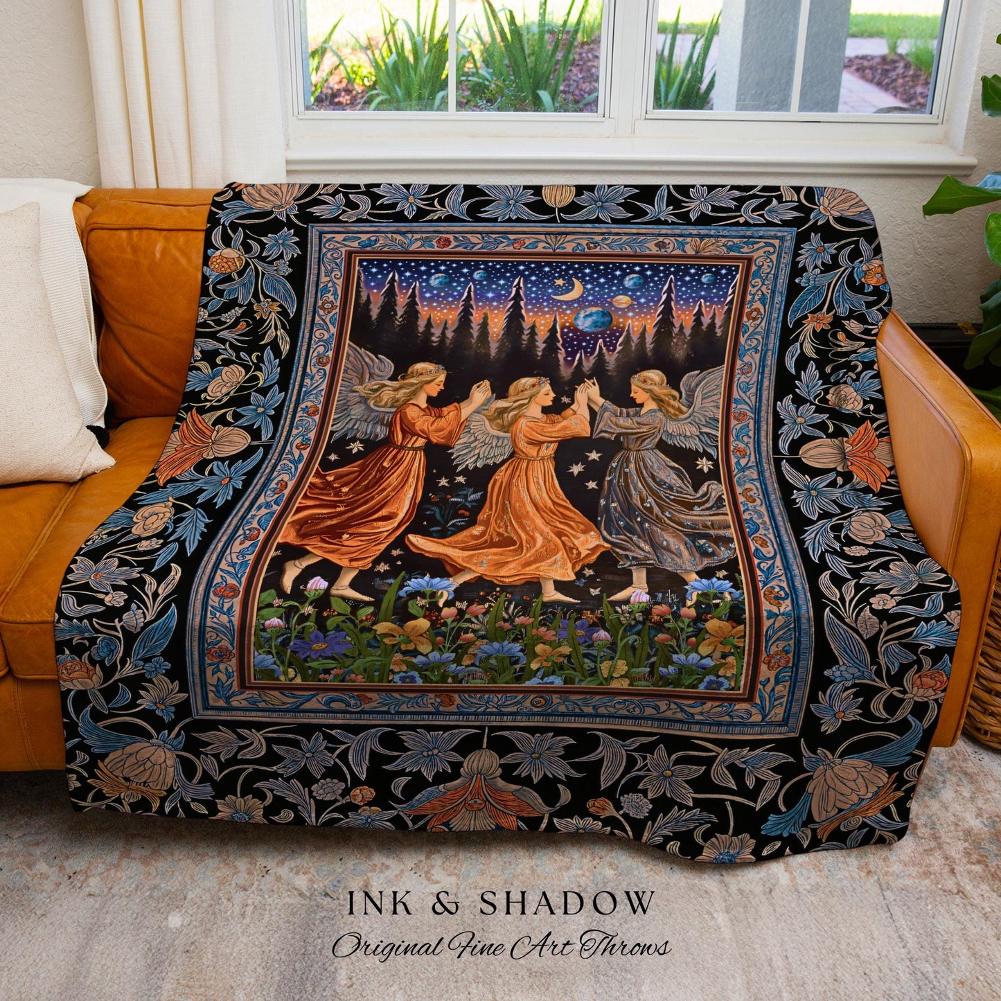 Woodland Folklore Fairies Tapestry | Medieval Moonlit Bohemian Woven Throw Blanket Dreamy Spirits Midsummer Aesthetic Dark Academia Bedroom