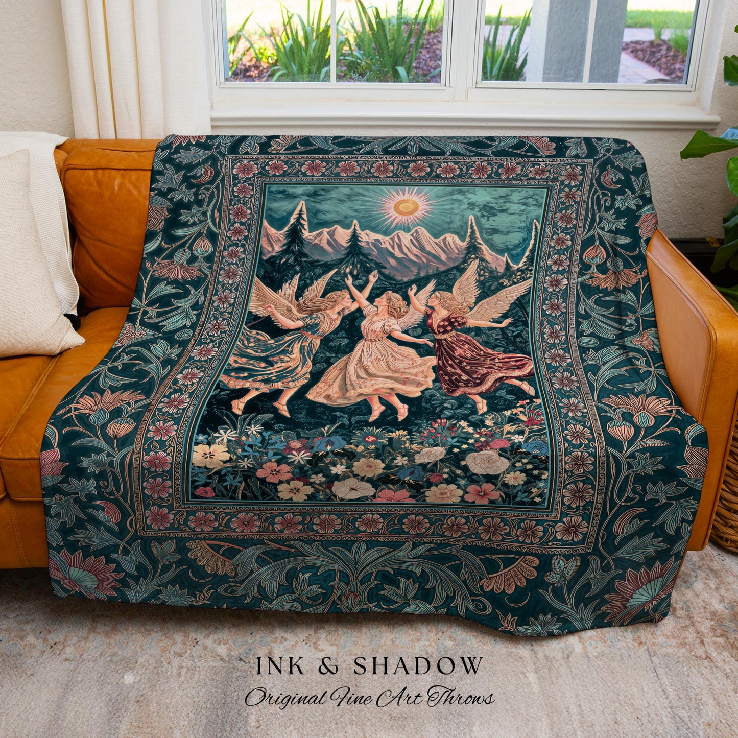 Sunny Wildflower Meadow Fairy Tapestry | Midsummer Aesthetic Throw Blanket Folklore Fairytale Enchanted Medieval Angels Cottagecore Coquette