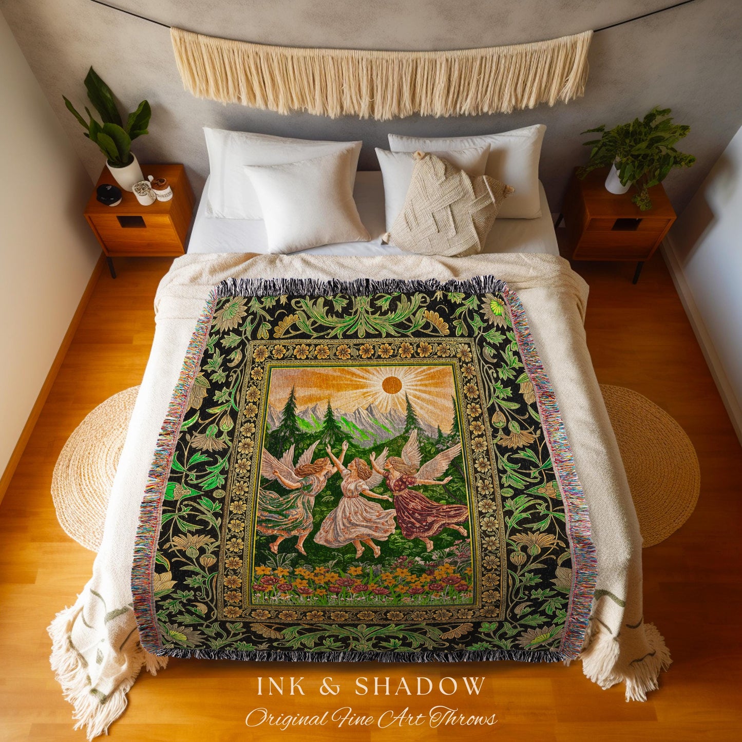 Dreamy Fairy Meadow Woven Tapestry | Midsummer Folklore Throw Blanket Fairycore Forest Nymph Decor Fairytale Cottagecore Retro Scandinavian