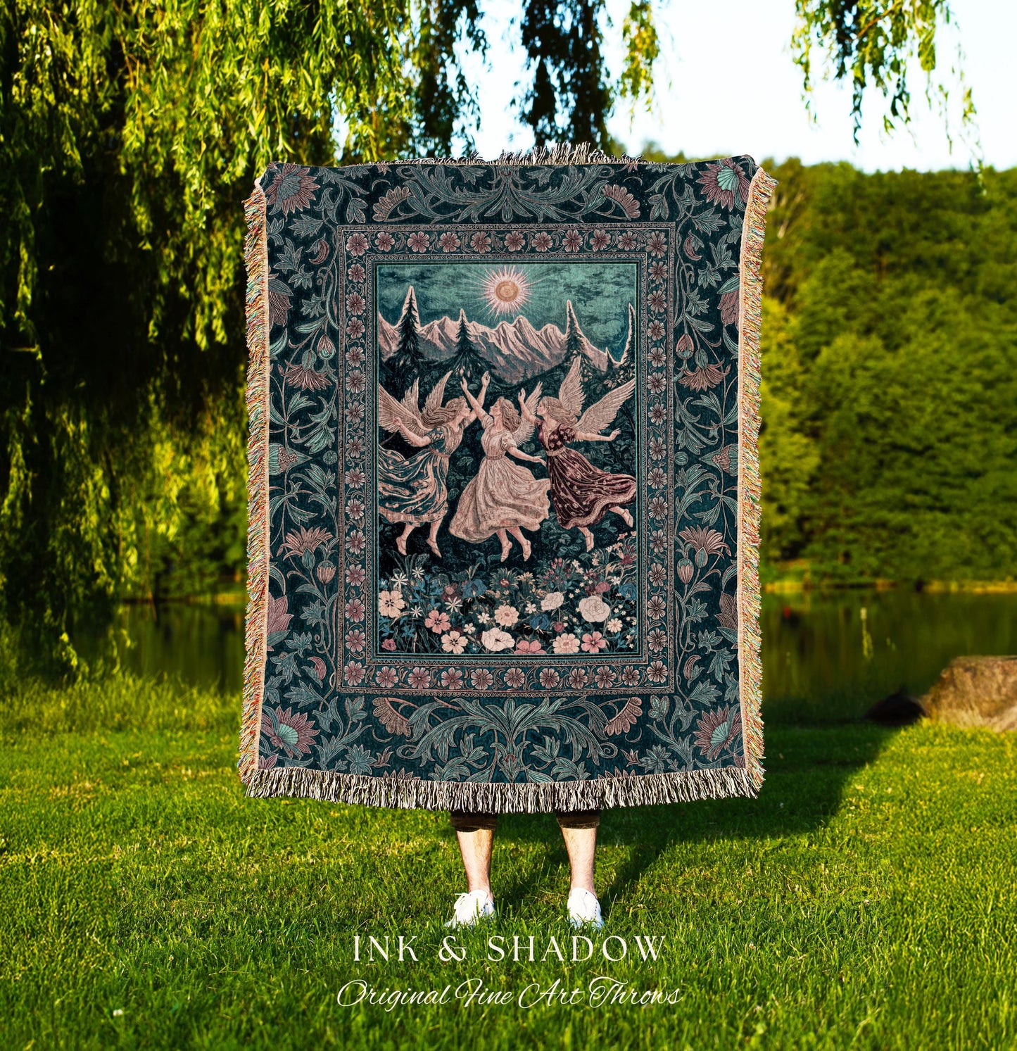 Sunny Wildflower Meadow Fairy Tapestry | Midsummer Aesthetic Throw Blanket Folklore Fairytale Enchanted Medieval Angels Cottagecore Coquette