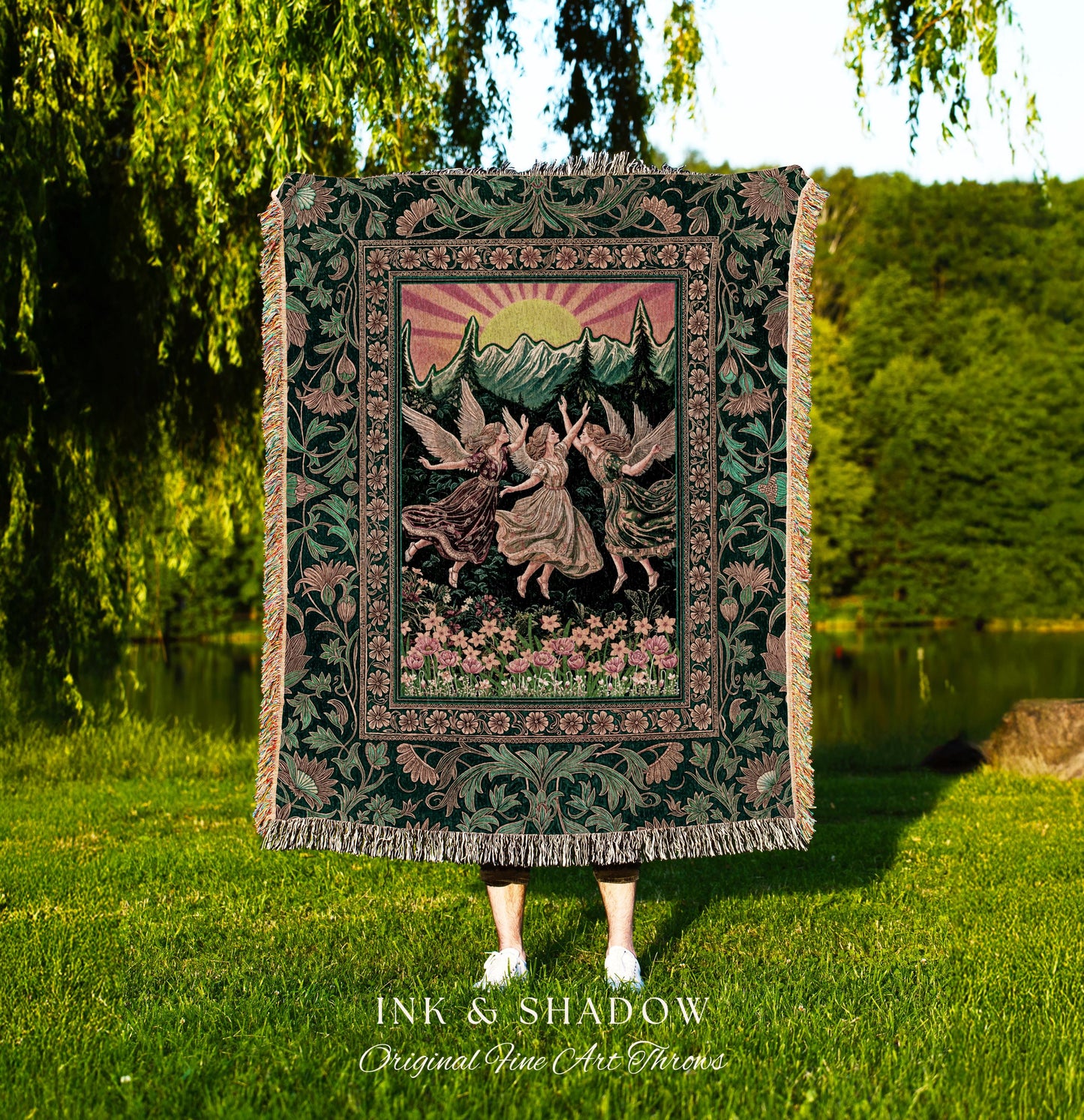 Storybook Retro Fairies Woven Tapestry | Whimsical Vintage Fairytale Enchanted Cottagecore Bedroom Dreamy Throw Blanket Medieval Mythology |