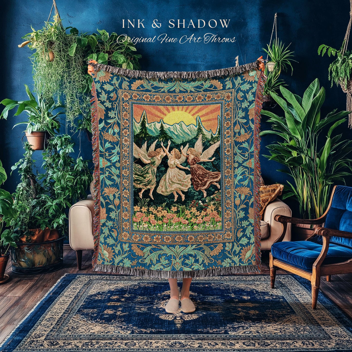 Art Nouveau Angel Forest Throw Blanket | Dreamy Folklore Fairycore Woven Tapestry Whimsical Mythology Cottagecore Retro Fairy Aesthetic Boho
