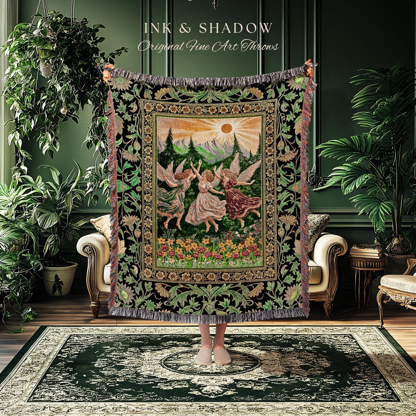 Dreamy Fairy Meadow Woven Tapestry | Midsummer Folklore Throw Blanket Fairycore Forest Nymph Decor Fairytale Cottagecore Retro Scandinavian