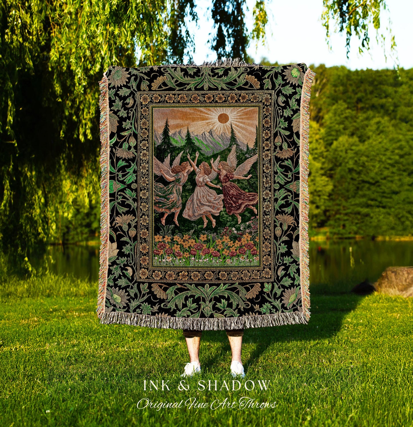 Dreamy Fairy Meadow Woven Tapestry | Midsummer Folklore Throw Blanket Fairycore Forest Nymph Decor Fairytale Cottagecore Retro Scandinavian