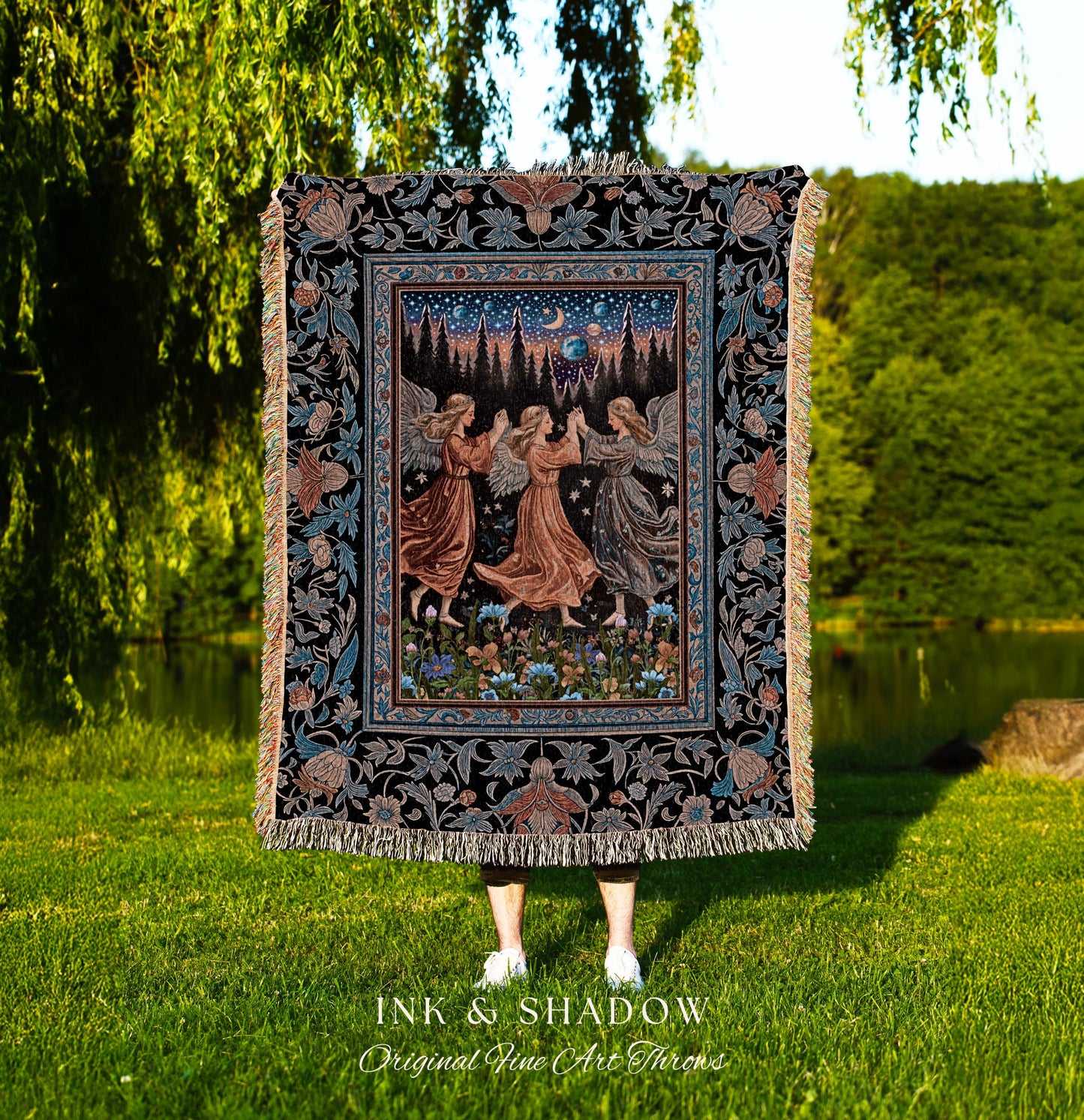 Woodland Folklore Fairies Tapestry | Medieval Moonlit Bohemian Woven Throw Blanket Dreamy Spirits Midsummer Aesthetic Dark Academia Bedroom
