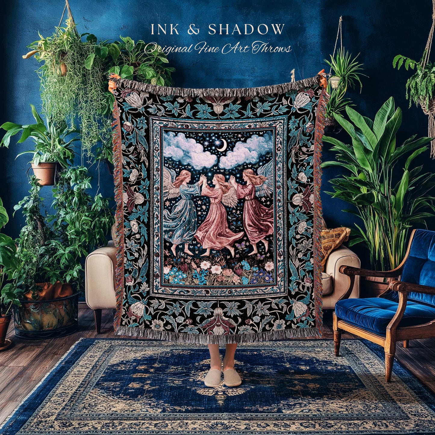 Celestial Angel Fairies Woven Throw | Witchy Fairycore Dreamy Aesthetic Woodland Folklore Wall Tapestry Mystic Cottagecore Fairies Ethereal