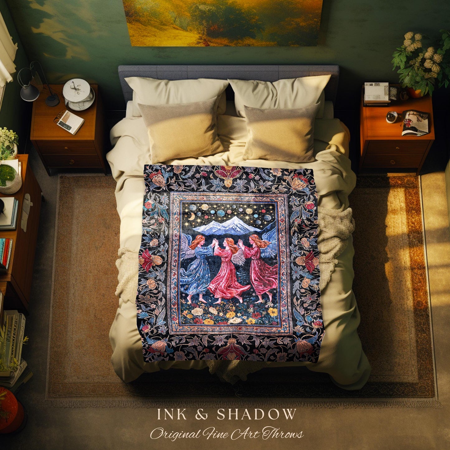 Mountain Fairies Magical Throw Blanket | Whimsical Scandinavian Folklore Woven Wall Tapestry Medieval Angel Aesthetic Celestial Woodland |