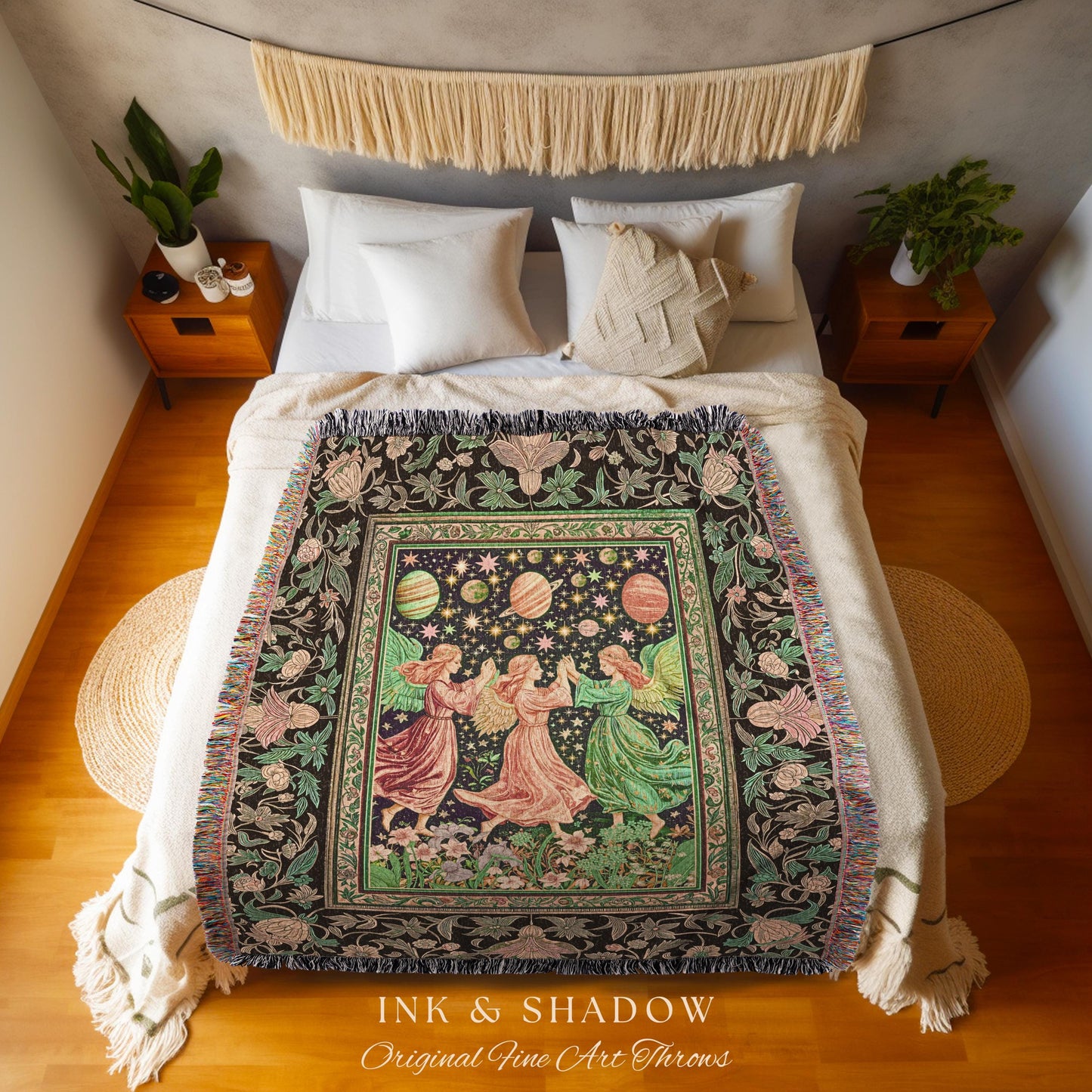 Astral Angels Whimsical Cozy Throw | Modern Medieval Fairycore Blanket Enchanted Dreamy Cottagecore Dark Academia Aesthetic Woven Tapestry |