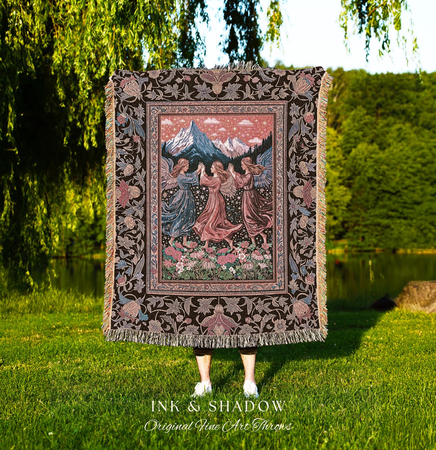 Enchanted Meadow Angel Blanket | Ethereal Dreamy Bohemian Cottagecore Light Academia Mystic Folklore Woven Tapestry Pastel Whimsical Decor